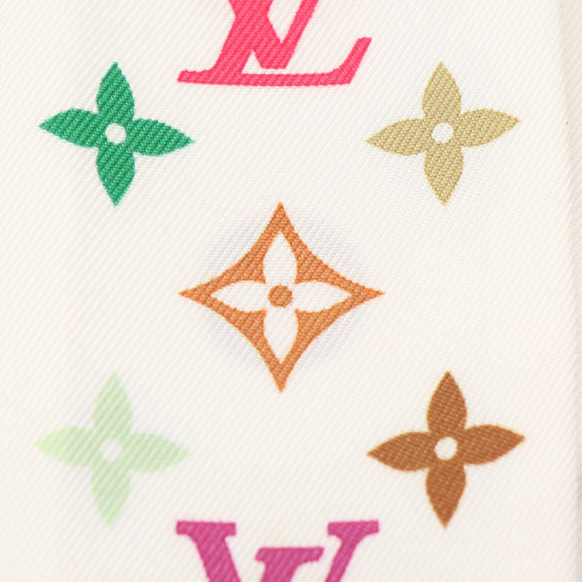 Louis Vuitton x Murakami multicolor bandeau scarf featuring vibrant floral and character designs, styled as a fashion accessory.