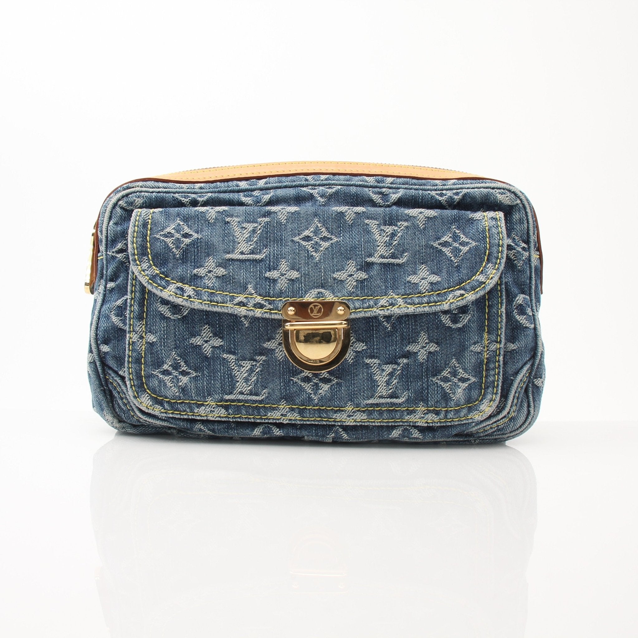 Louis Vuitton denim bum bag handbag with adjustable strap and gold accents, stylish accessory for casual wear.