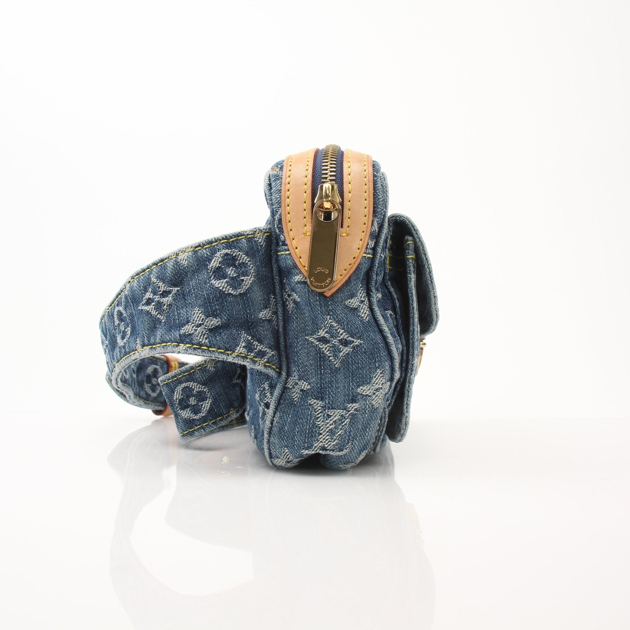 Louis Vuitton denim bum bag handbag by Gold & Beyond with adjustable strap and signature logo detail.