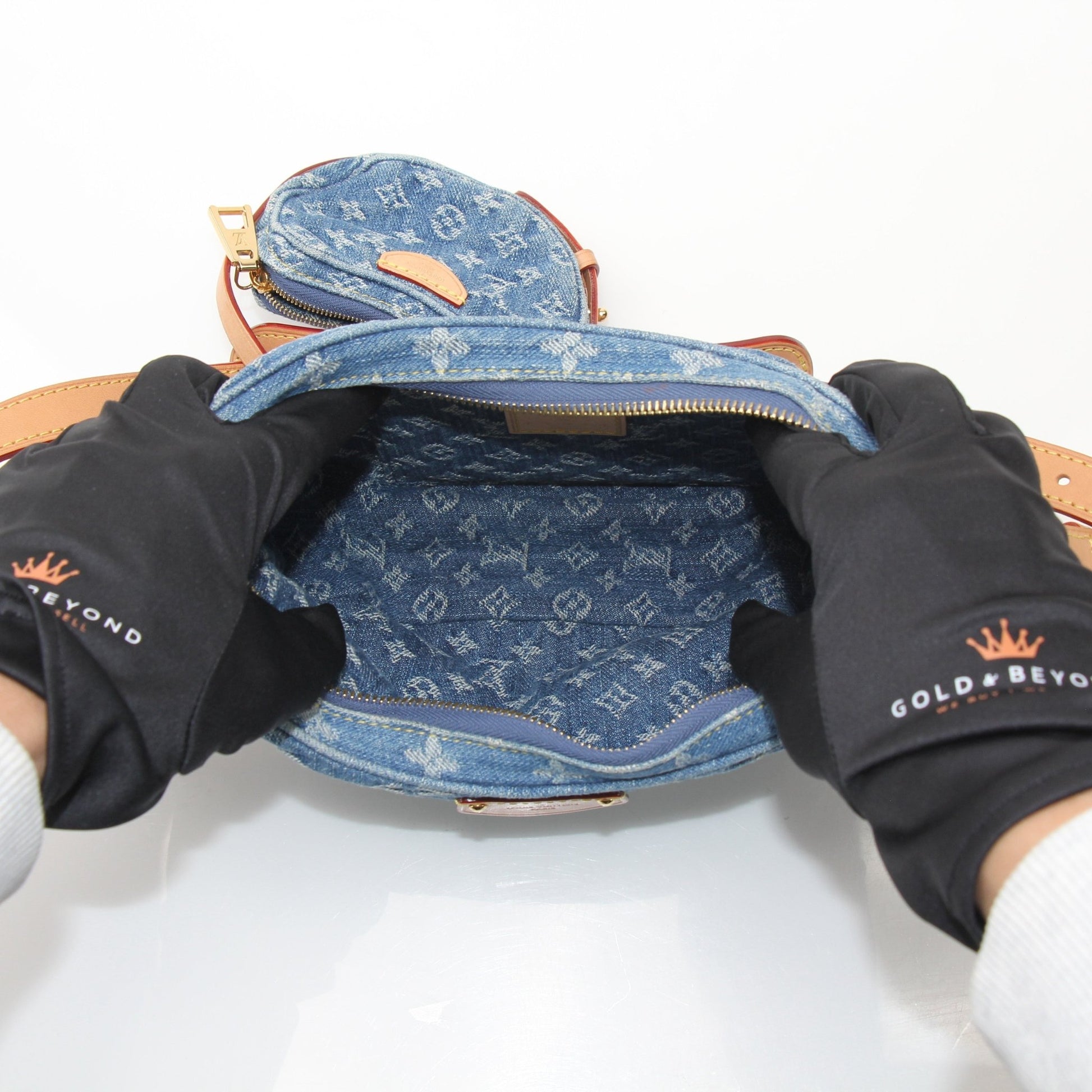 Louis Vuitton Denim Croissant handbag by Gold & Beyond, featuring a stylish denim design and compact croissant shape.