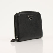 Gold & Beyond Prada zip wallet with multiple card slots and sleek design, shown in black leather.
