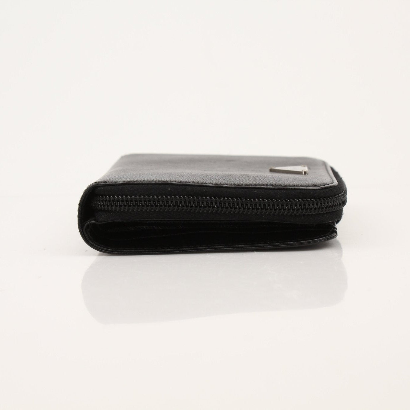 Gold & Beyond Prada zip wallet with multiple card slots and sleek design, shown with open and closed views.