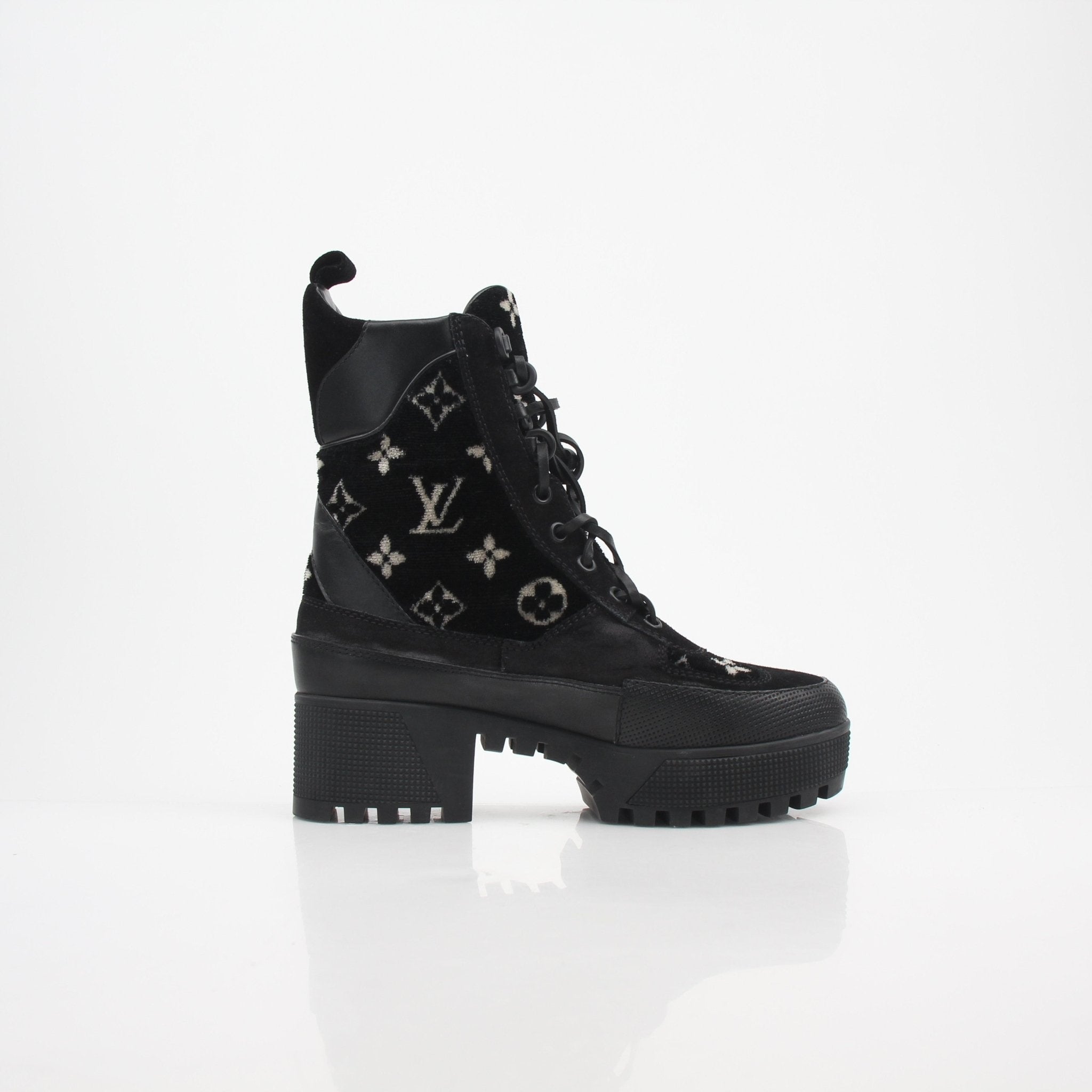 Louis Vuitton Women's Monogram Velvet Laureate Platform Desert Boots, stylish shoes with monogram velvet and elevated sole design.