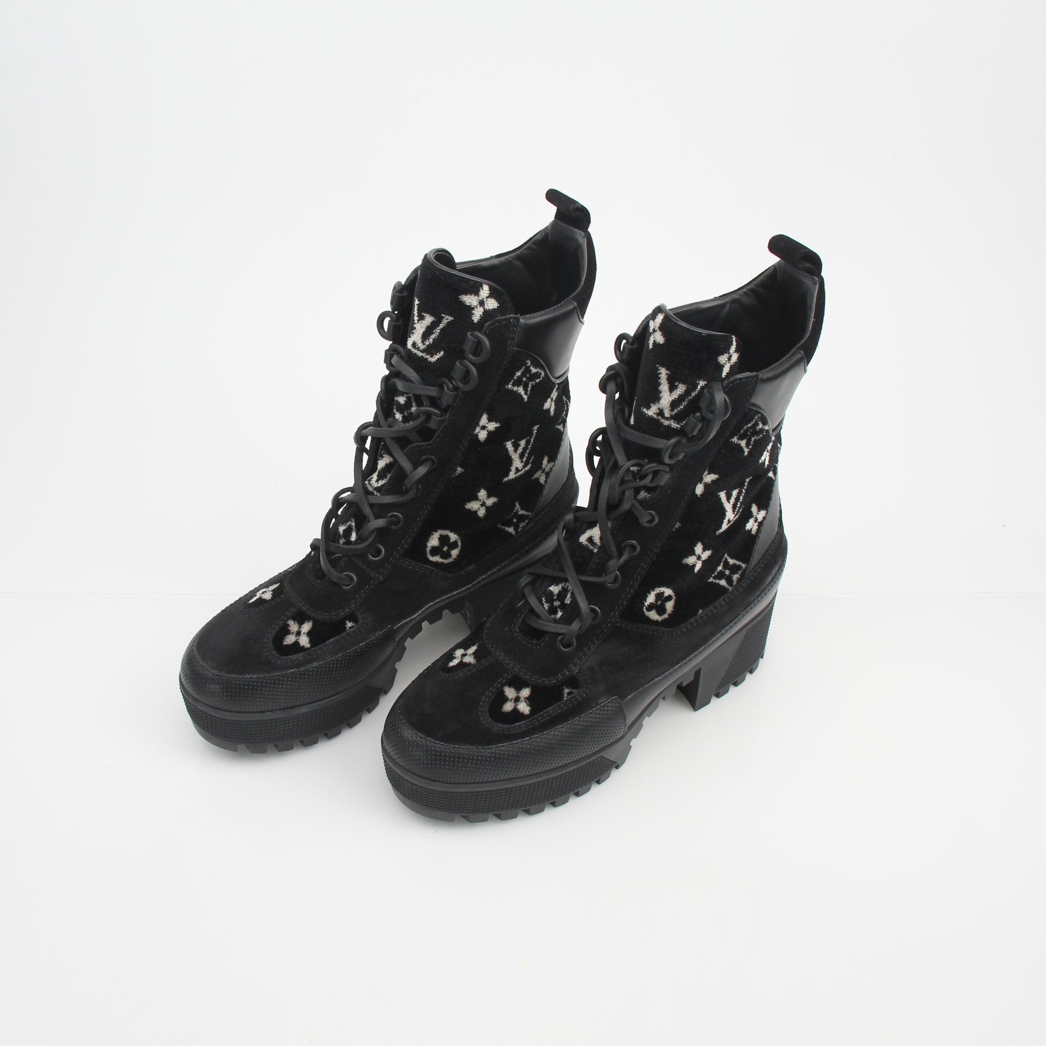 Louis Vuitton women’s Monogram Velvet Laureate platform desert boots, stylish shoes with velvet and monogram details.