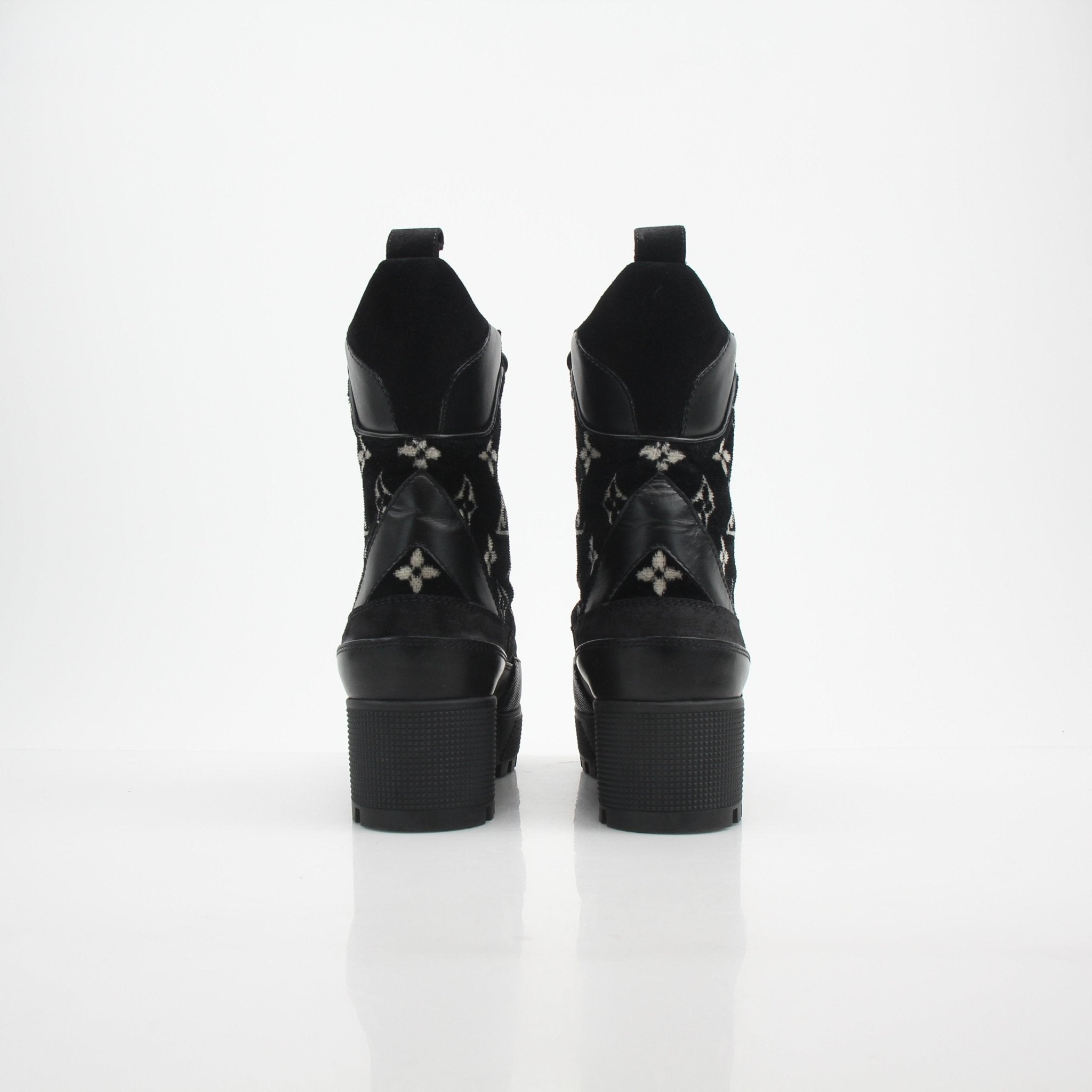 Louis Vuitton Women’s Monogram Velvet Laureate Platform Desert Boots, beige velvet with monogram pattern and sturdy platform sole.