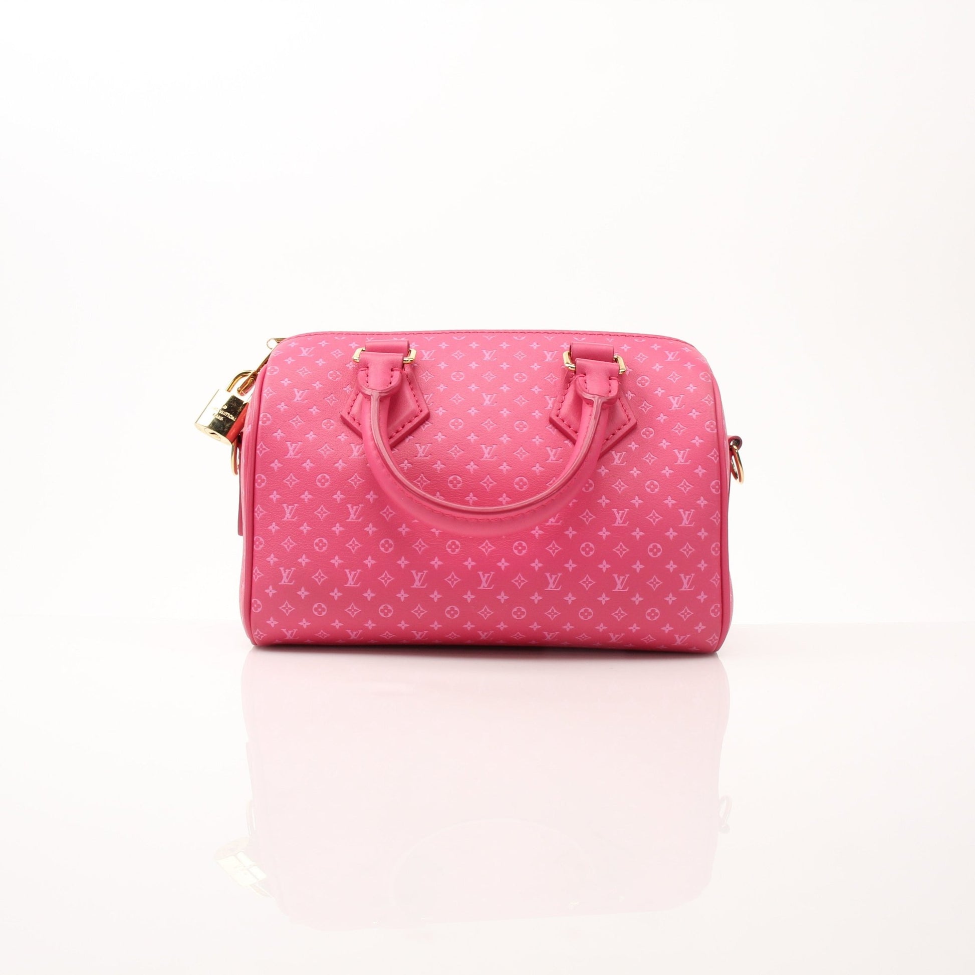 Louis Vuitton pink Speedy 20 handbag with gold hardware, featuring a leather strap and classic monogram design.