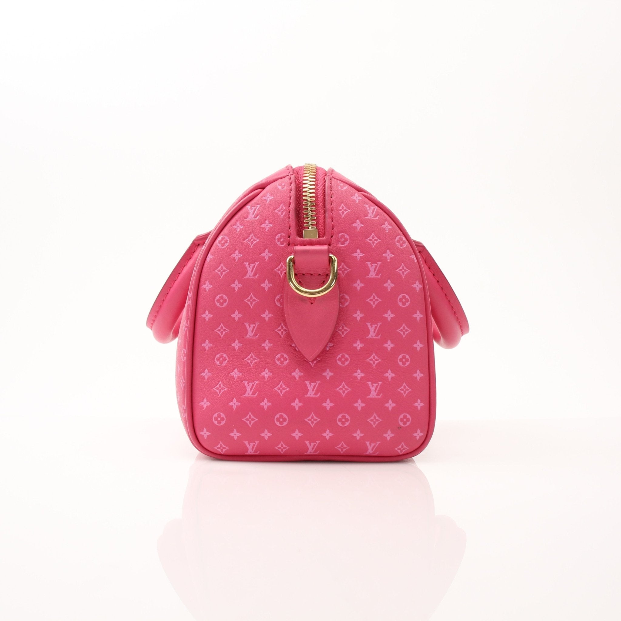 Pink Louis Vuitton Speedy 20 handbag with gold-tone accents, featuring a structured design and adjustable bandoulière strap.