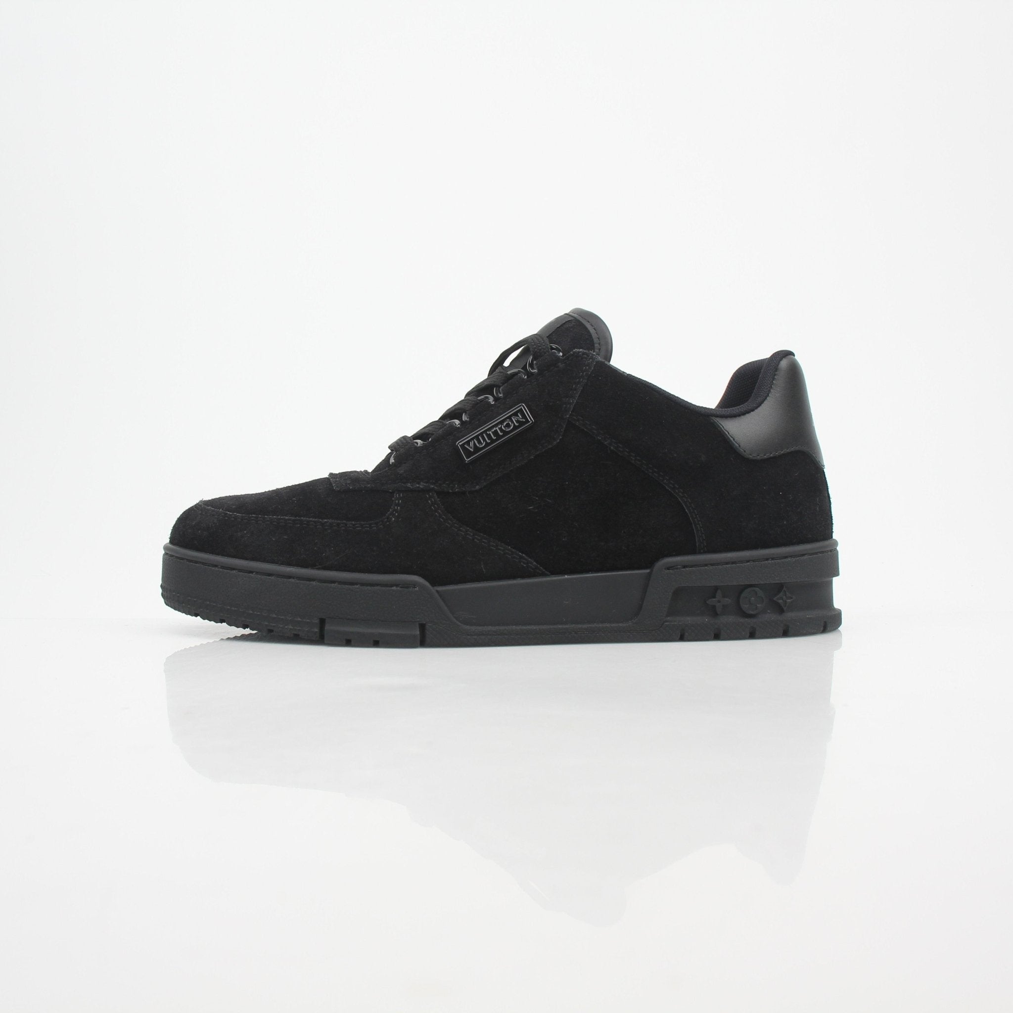 Louis Vuitton Men’s LV Trainer black suede sneakers with gold accents, stylish athletic shoes from Gold & Beyond.