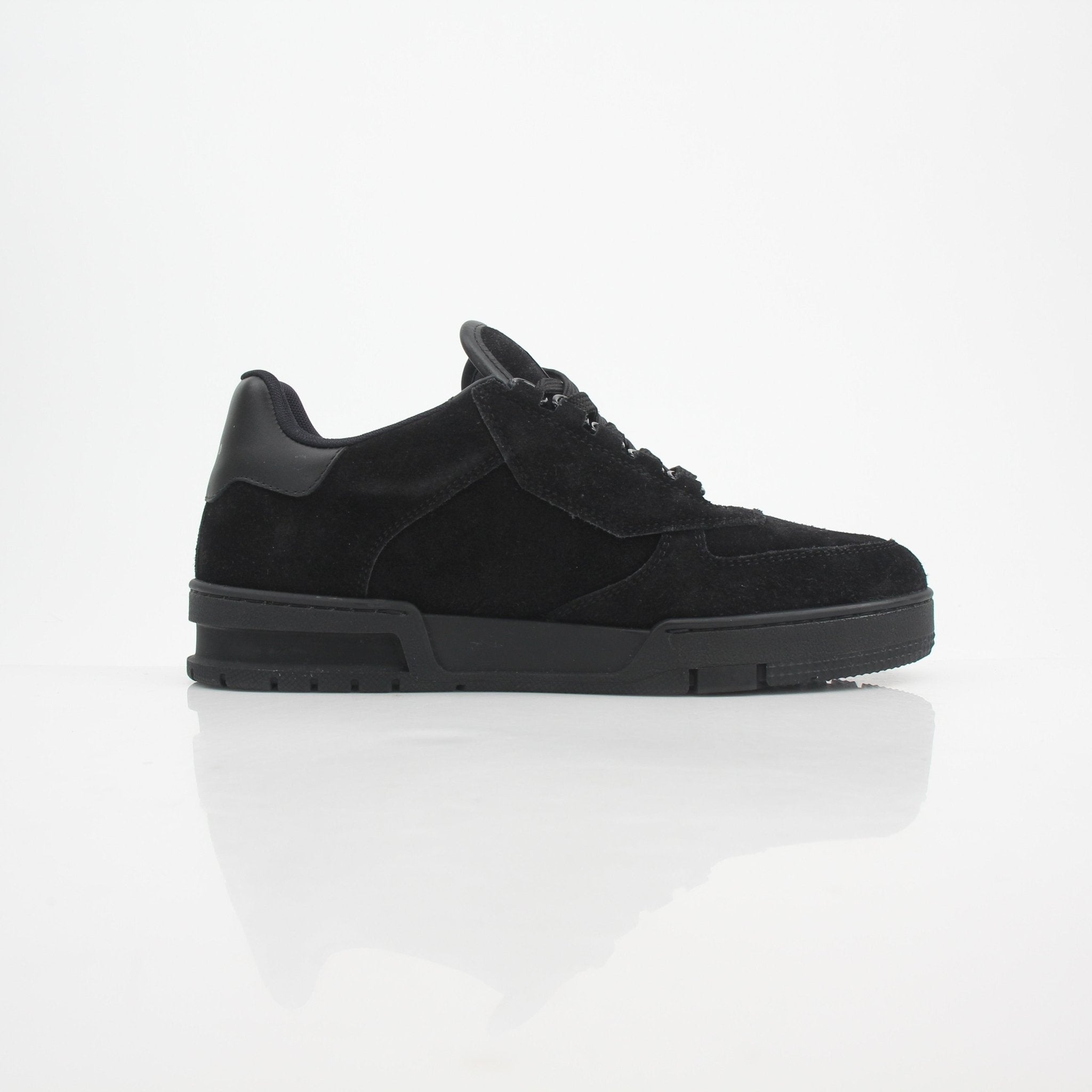 Louis Vuitton Men’s LV Trainer black suede sneakers with gold accents, stylish shoes from Gold & Beyond.