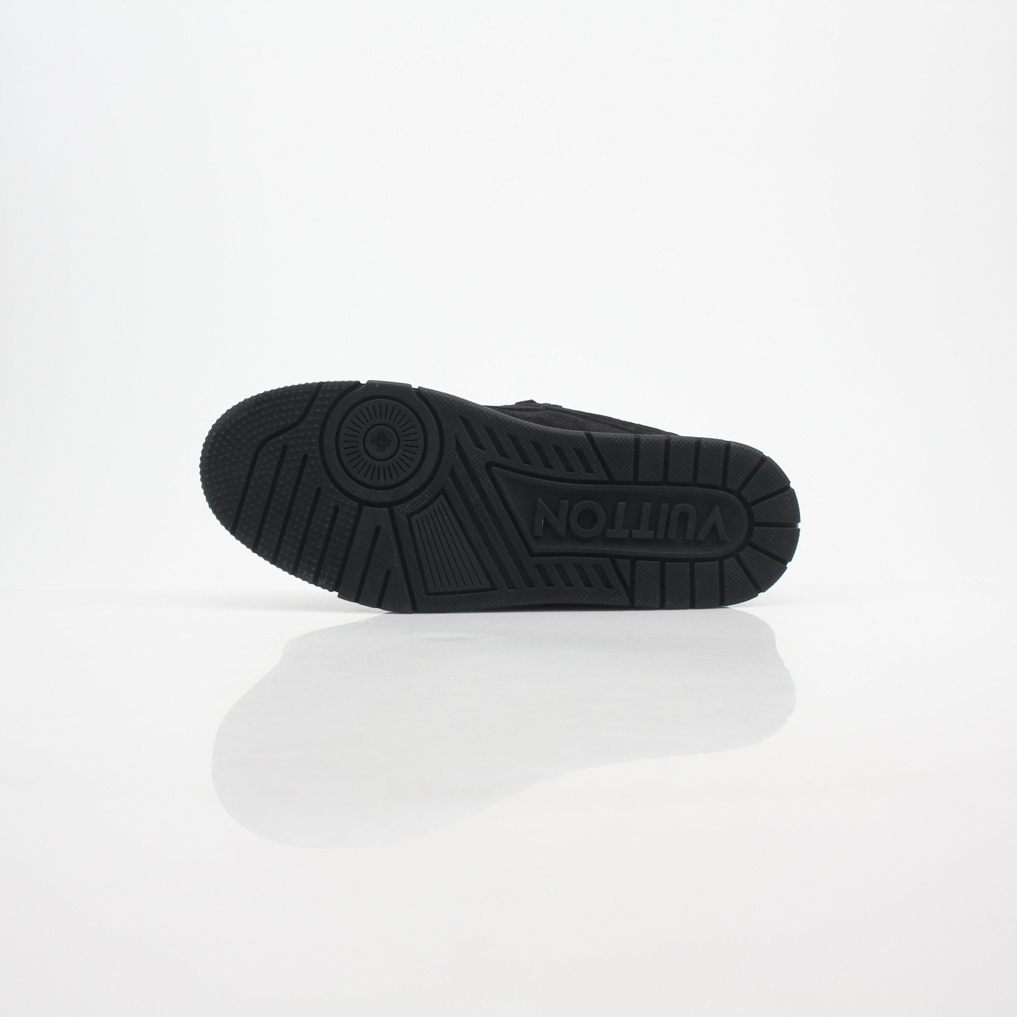 Louis Vuitton Men's LV Trainer black suede sneakers with white soles and designer branding, showcasing stylish athletic shoes.