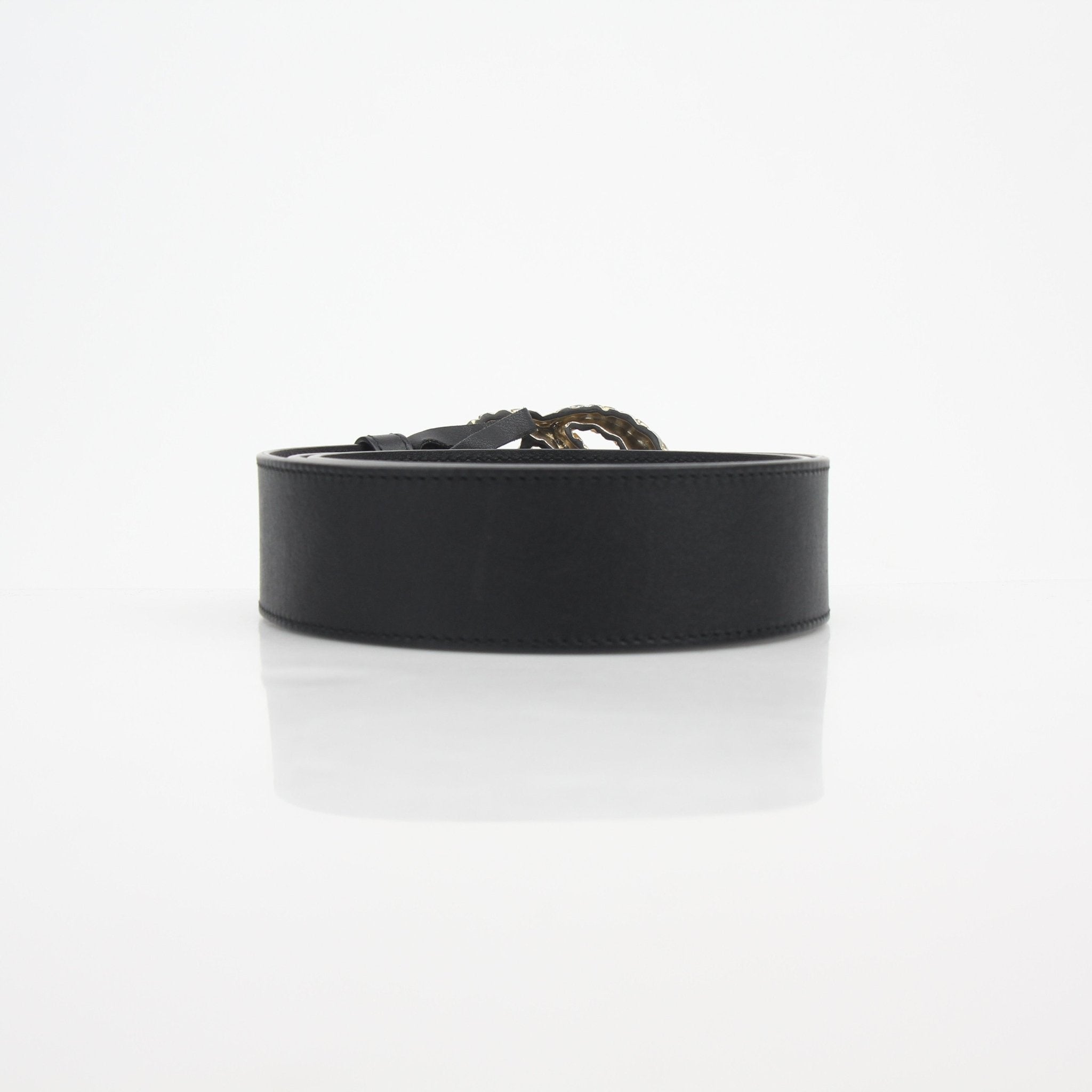 Gucci GG Marmont scales leather belt in size 95/38, featuring gold-tone hardware and signature GG logo design.