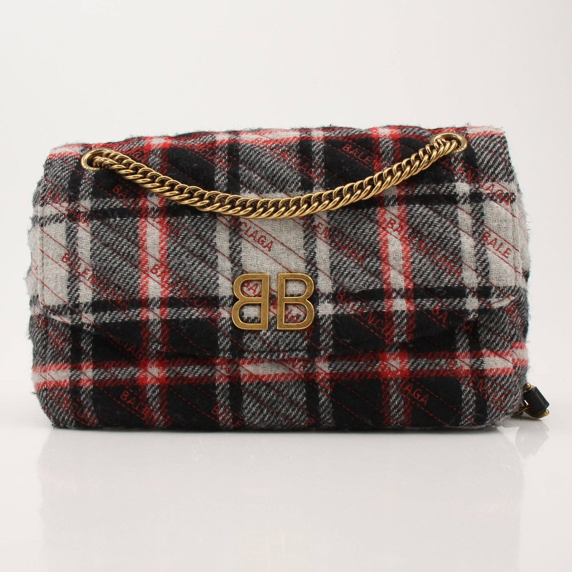 Gold & Beyond Balenciaga BB Chain Bag handbag with gold chain strap and logo detail on a white background