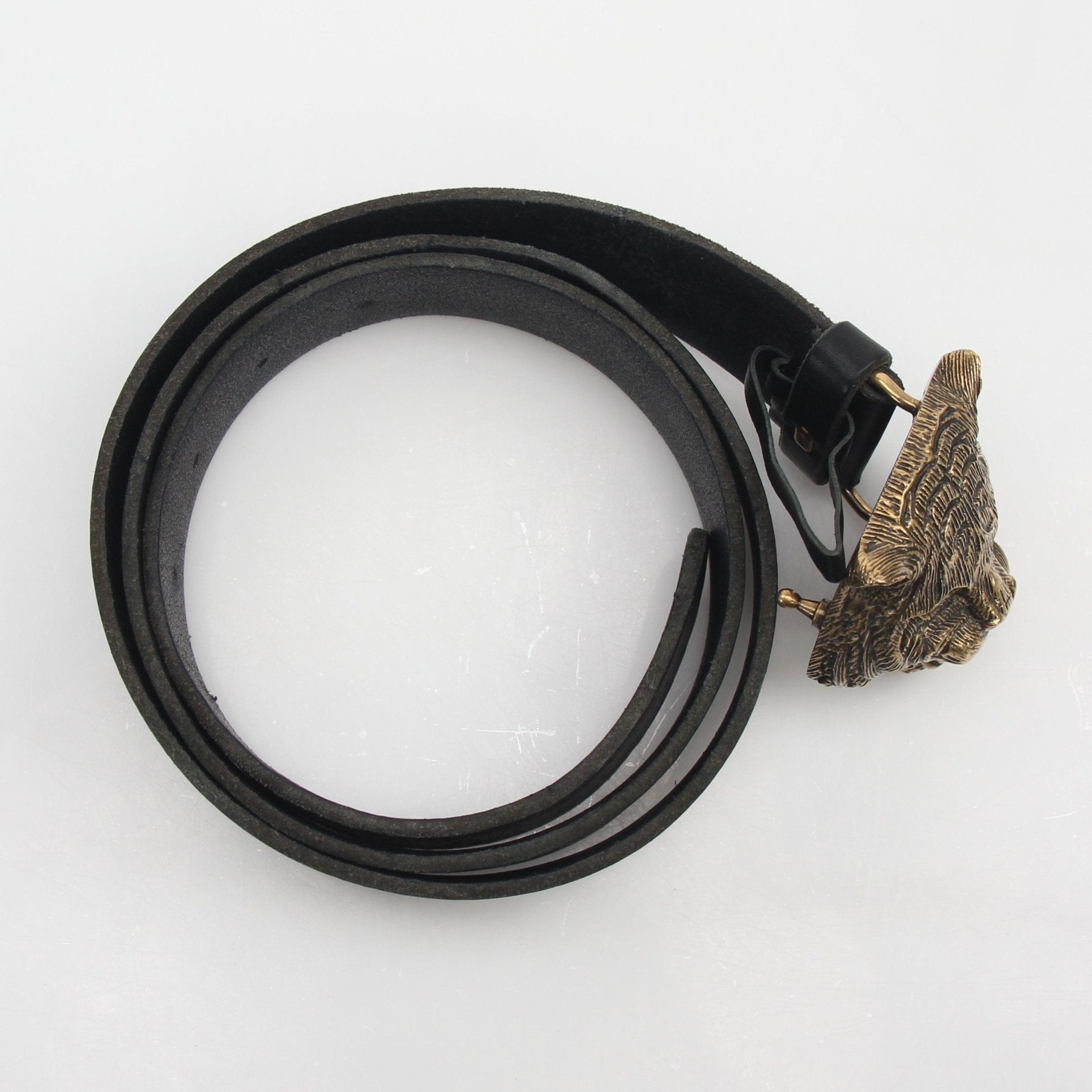 Gucci Feline Head leather belt with gold buckle, 100cm length, featuring feline head design, accessories by Gold & Beyond