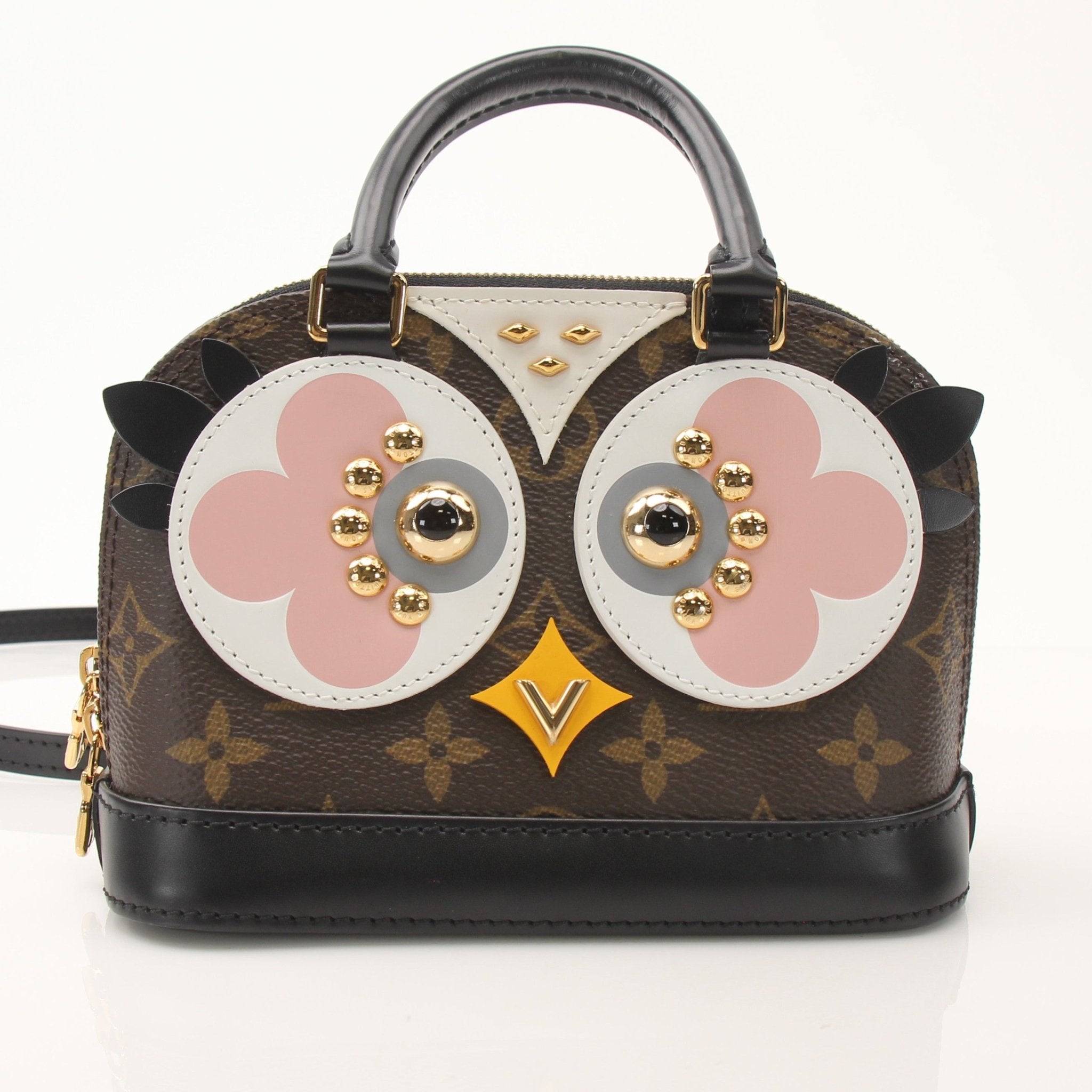 Louis Vuitton Lovely Birds Nano Alma handbag featuring colorful bird patterns and gold-tone hardware.