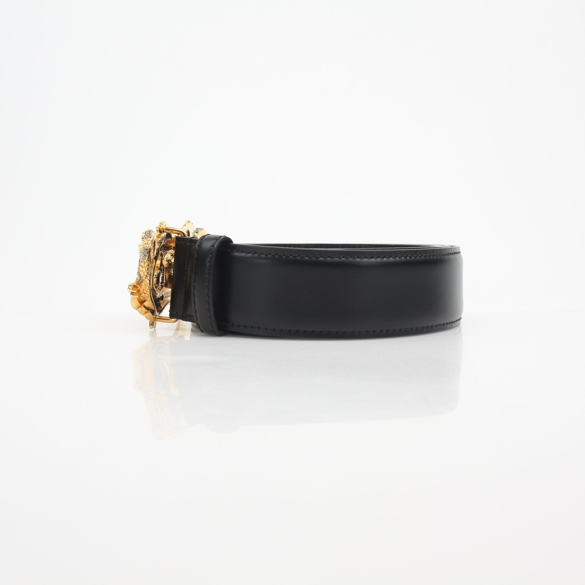 Versace Medusa snake leather belt in black with gold Medusa buckle, 110 cm, accessory for stylish outfits.