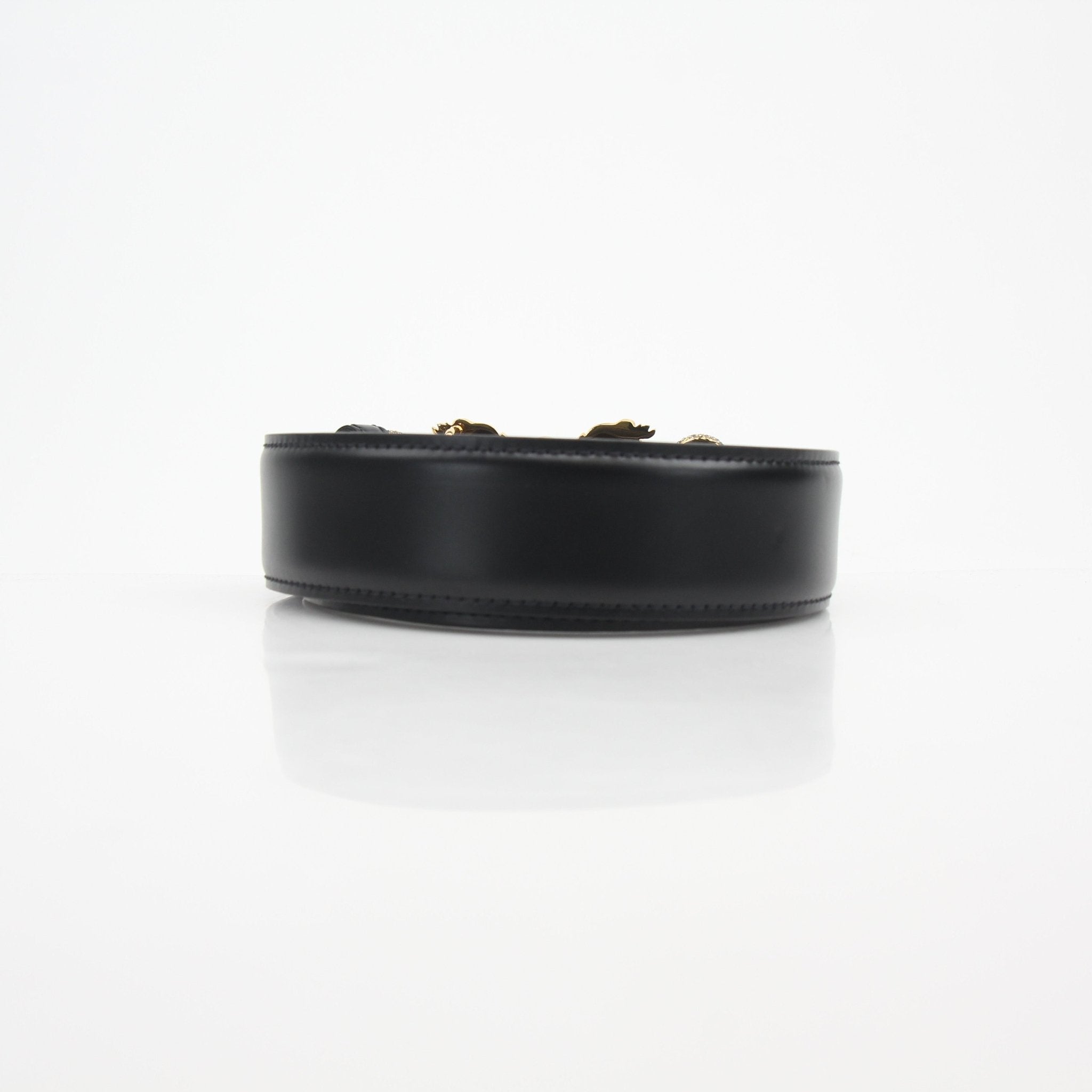 Versace Medusa snake leather belt in black with gold accents, 110/44 size, featuring Medusa head buckle, fashion accessories.