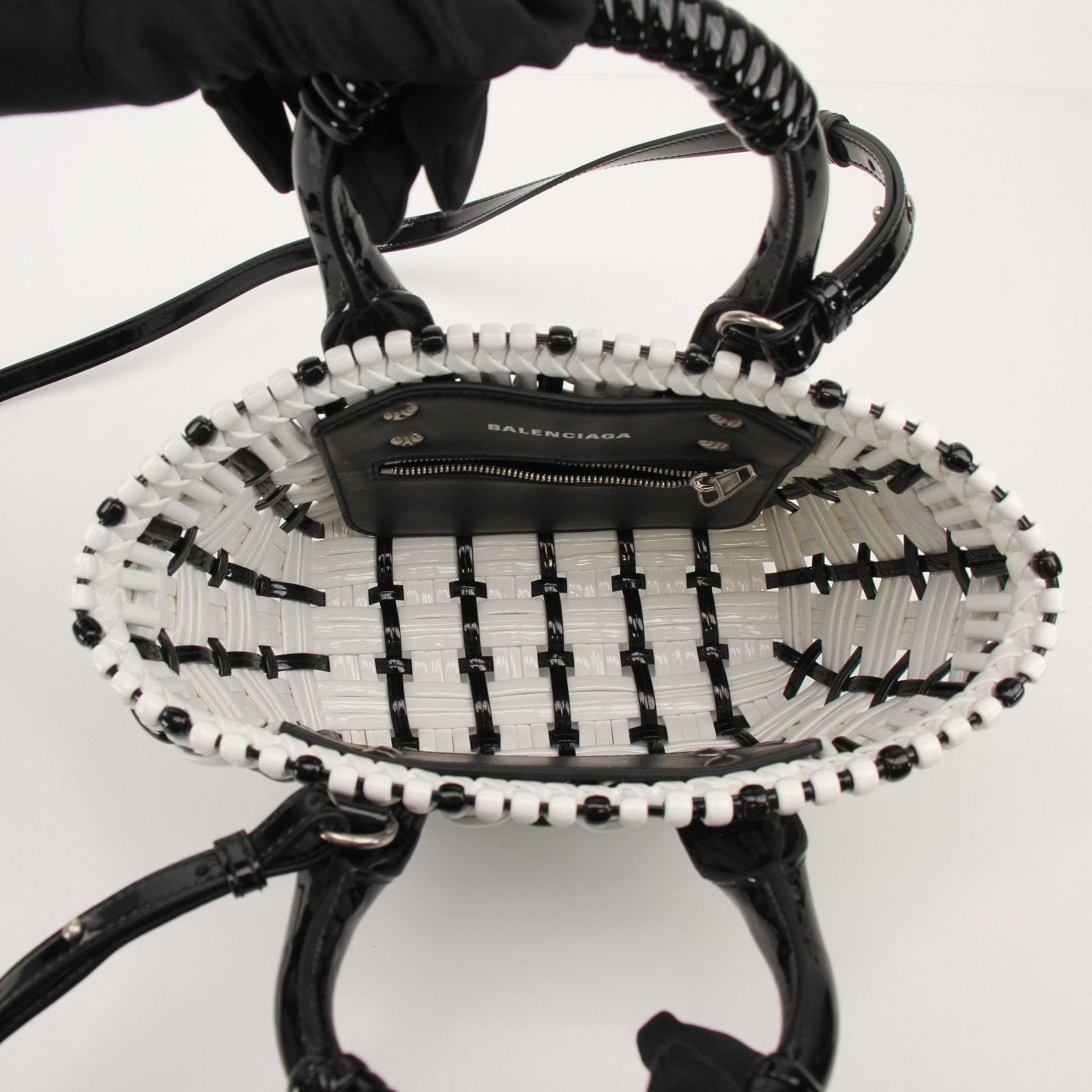 Balenciaga Bistro Basket handbag featuring woven rattan design and leather accents, stylish and compact accessory for everyday use.