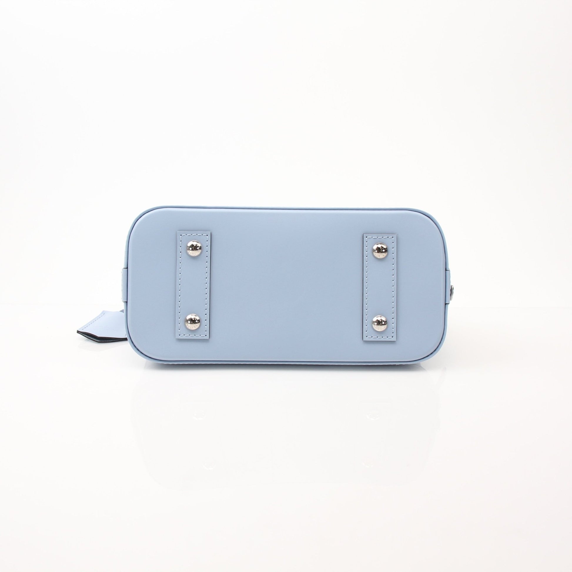 Louis Vuitton Blue Nuage Alma BB handbag with gold hardware, featuring a structured design and top handles.