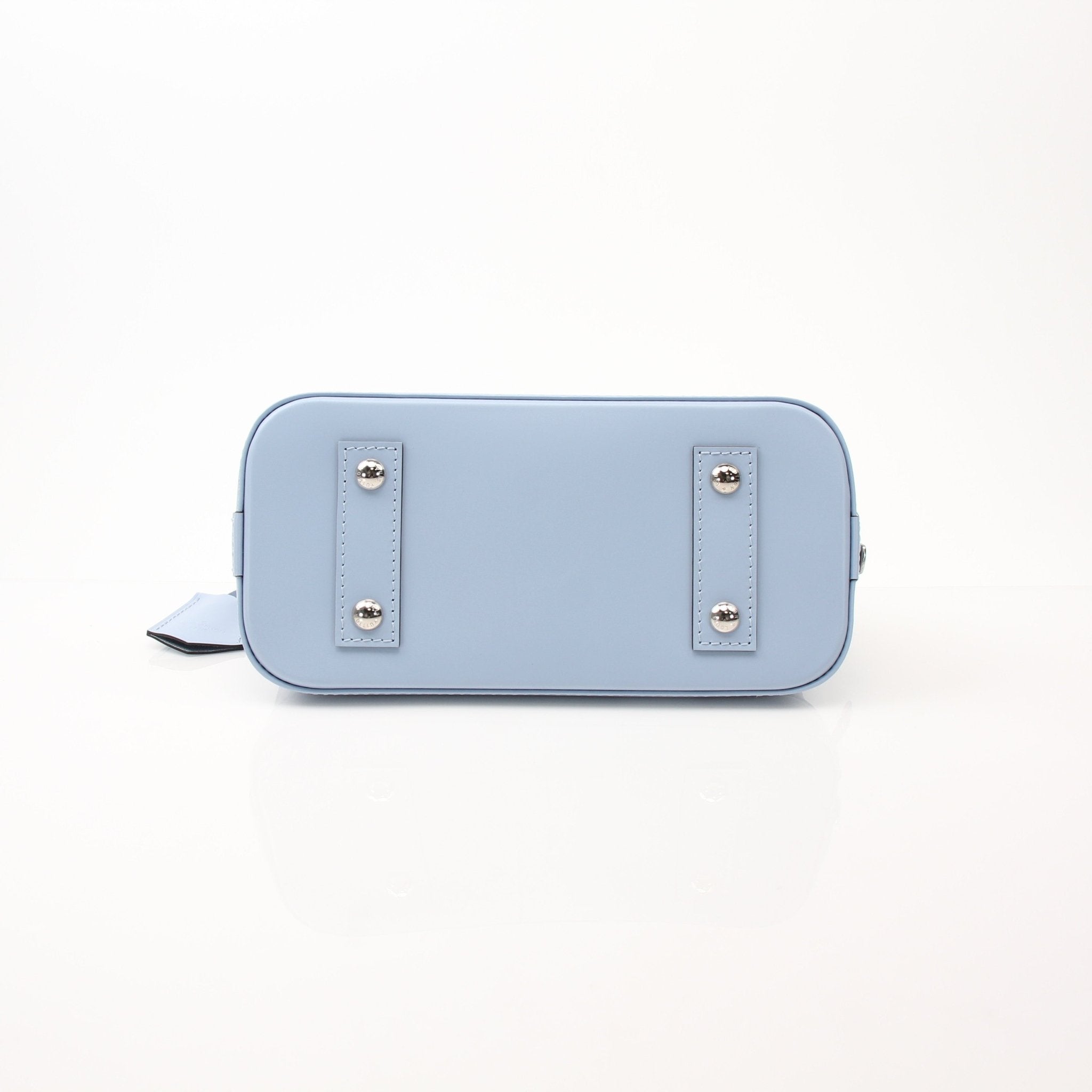 Louis Vuitton Blue Nuage Alma BB handbag with gold hardware, featuring a structured design and top handles.