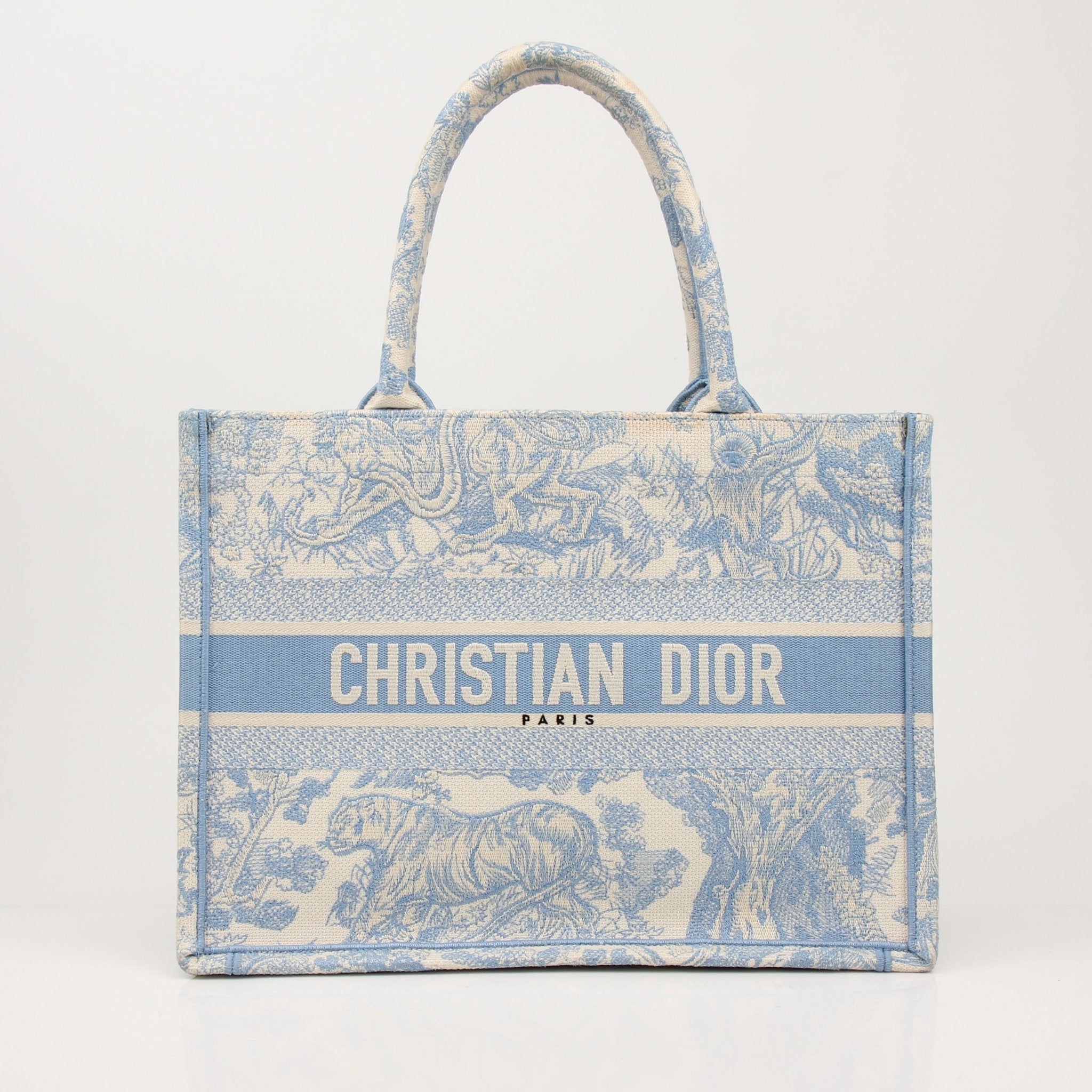 Christian Dior Book Tote handbag with gold accents and signature design, showcased on a neutral background.