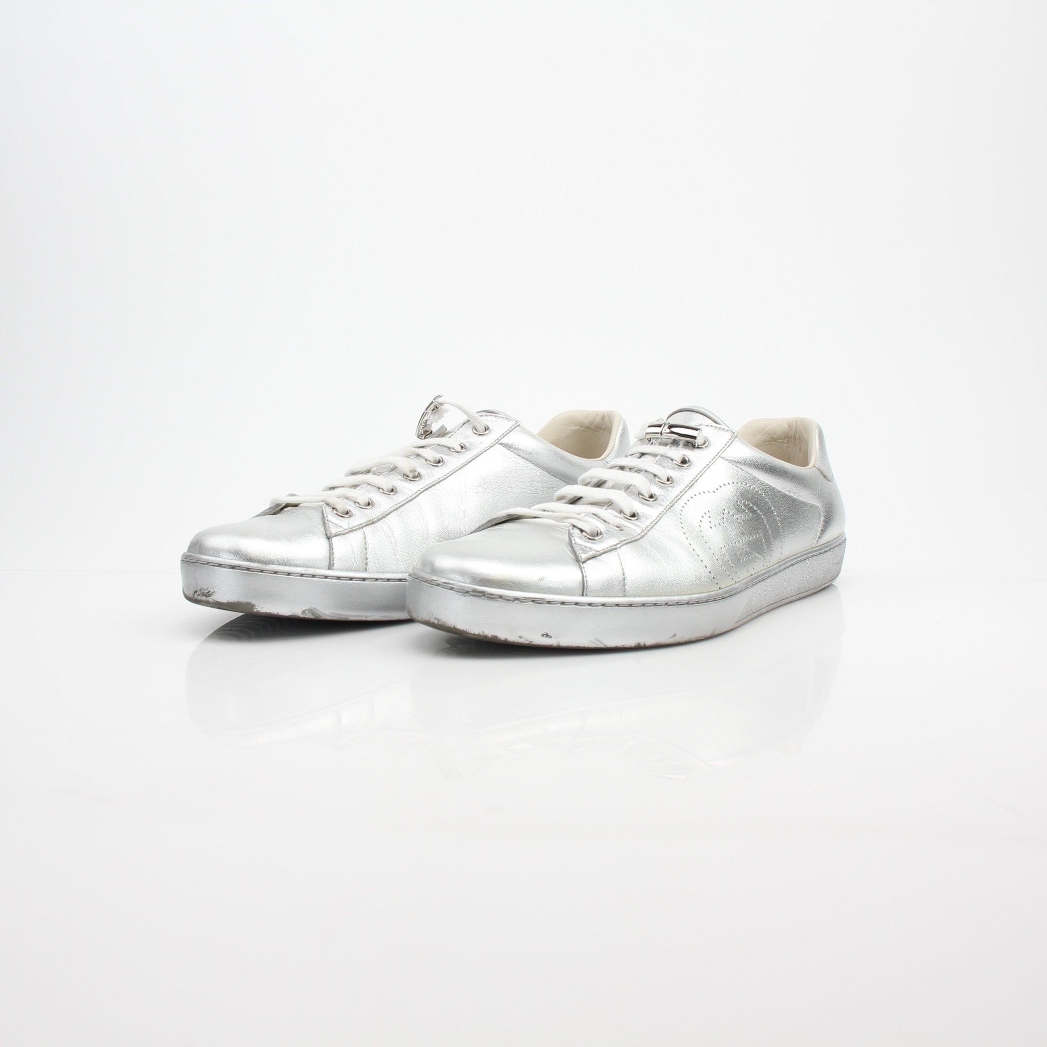 Gucci Metallic Silver Ace Low-Top Sneakers
