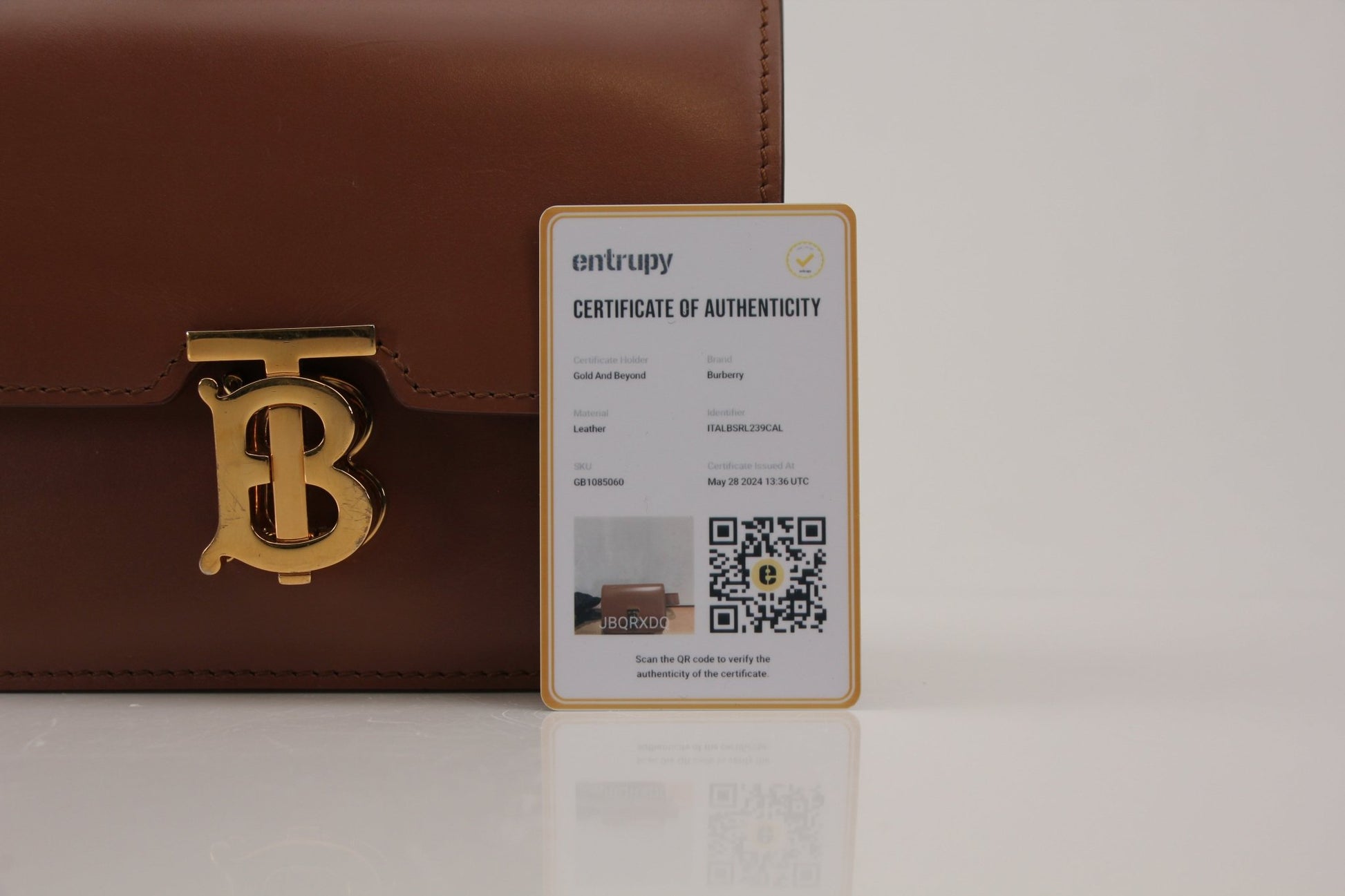 Gold & Beyond Burberry TB Bag handbag with adjustable strap and classic monogram design, displayed on a neutral background.