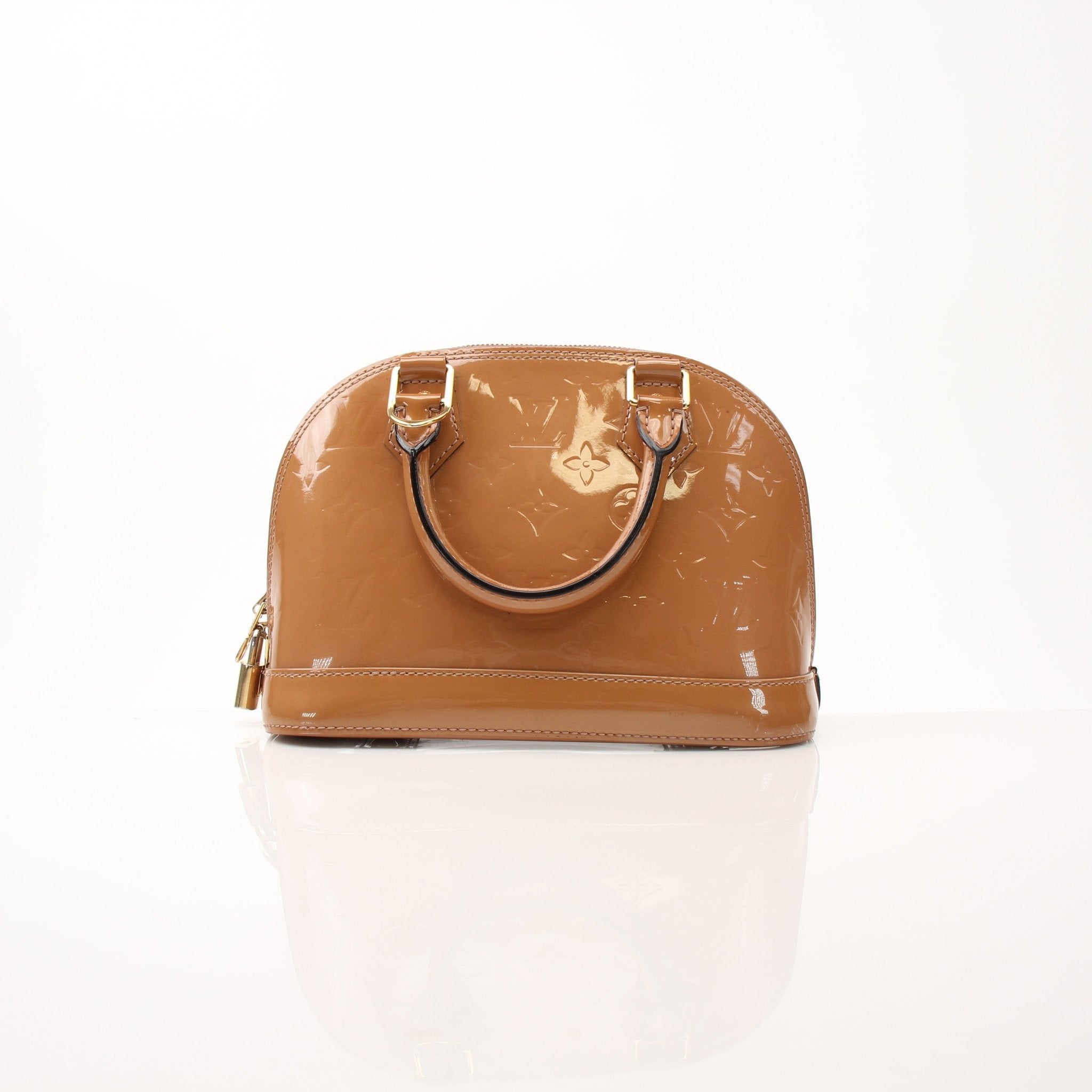 Louis Vuitton Rose Vernis Alma BB handbag with gold hardware, featuring a structured shape and glossy finish.