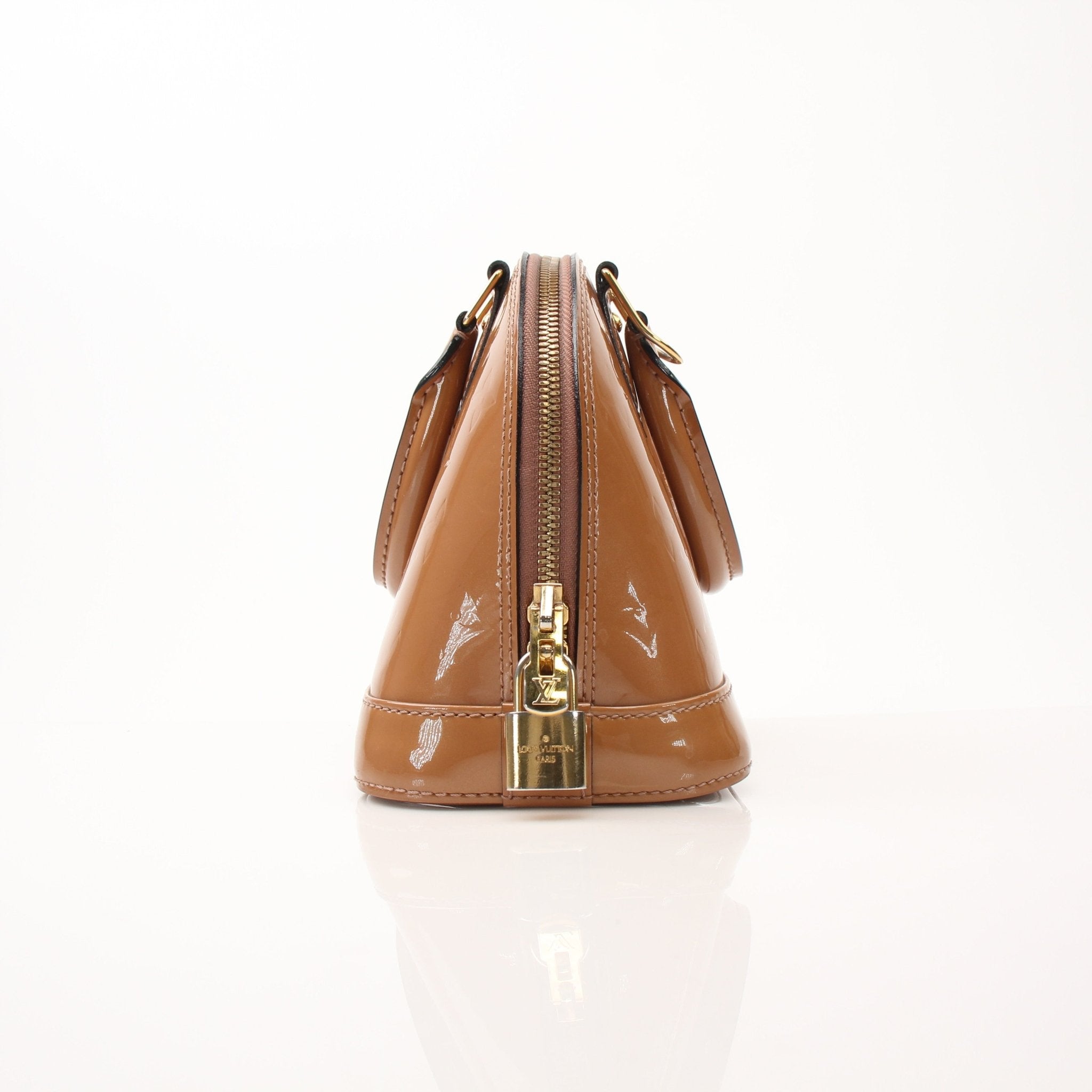 Louis Vuitton Rose Vernis Alma BB handbag with gold hardware, elegant small leather purse, shiny patent finish, side view.