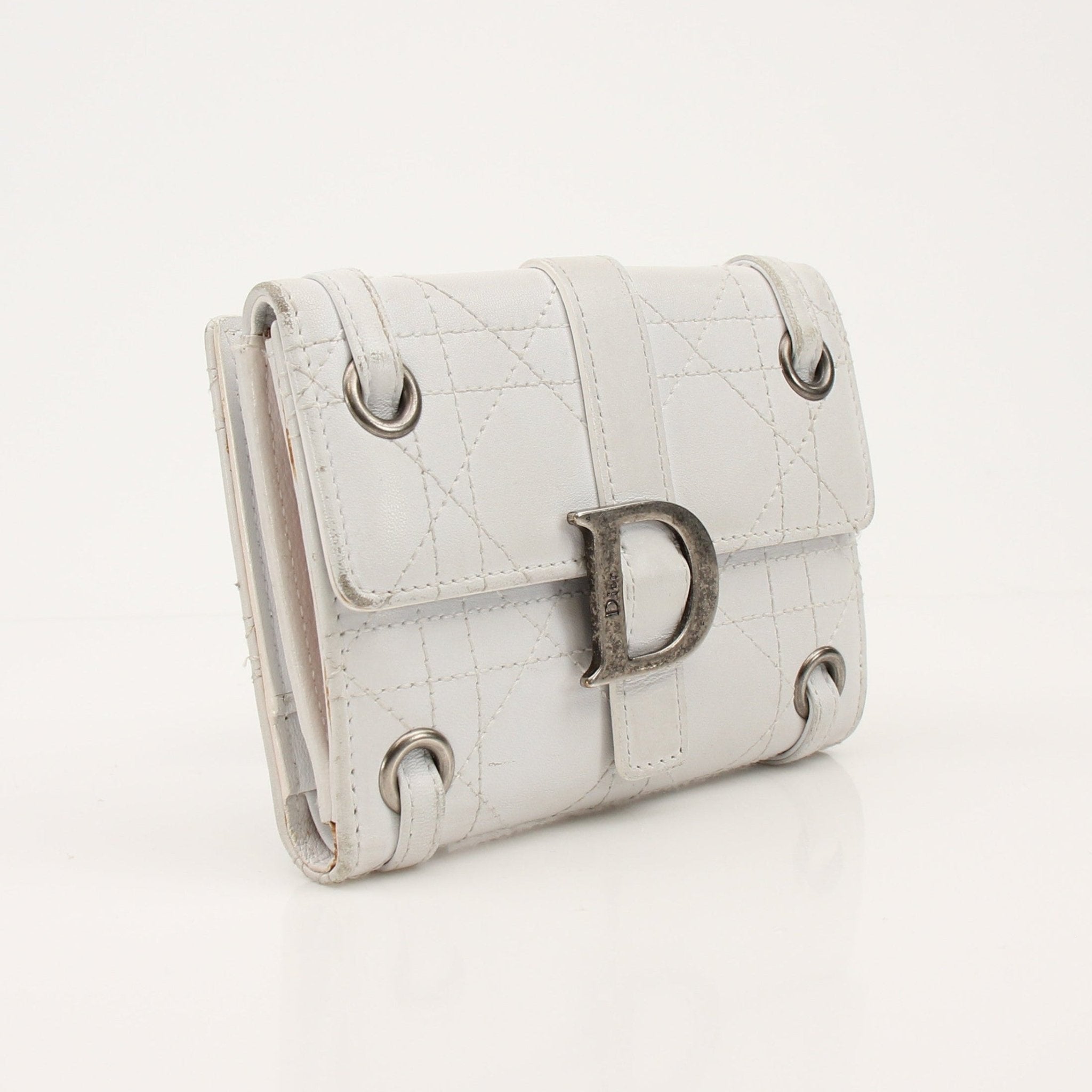 White Christian Dior wallet handbag with gold accents, featuring smooth leather and Dior logo detail, by Gold & Beyond.