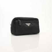 Prada Re-Nylon belt bag handbag with adjustable strap and gold-tone hardware, black fabric with logo accents.