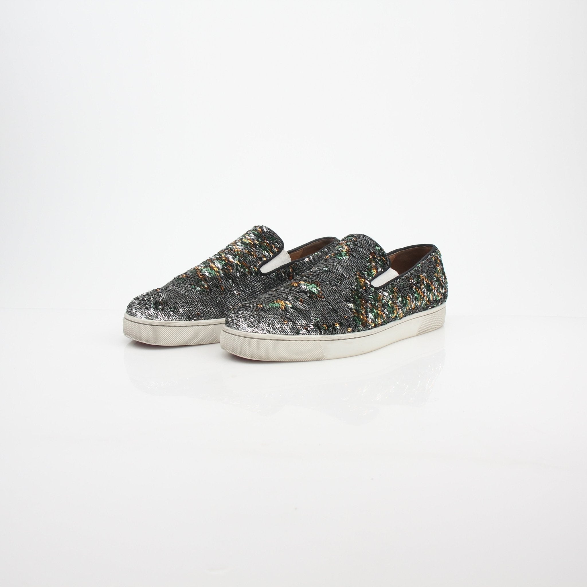 Christian Louboutin Silver Sequined Rollet Boat Slip-On Sneakers