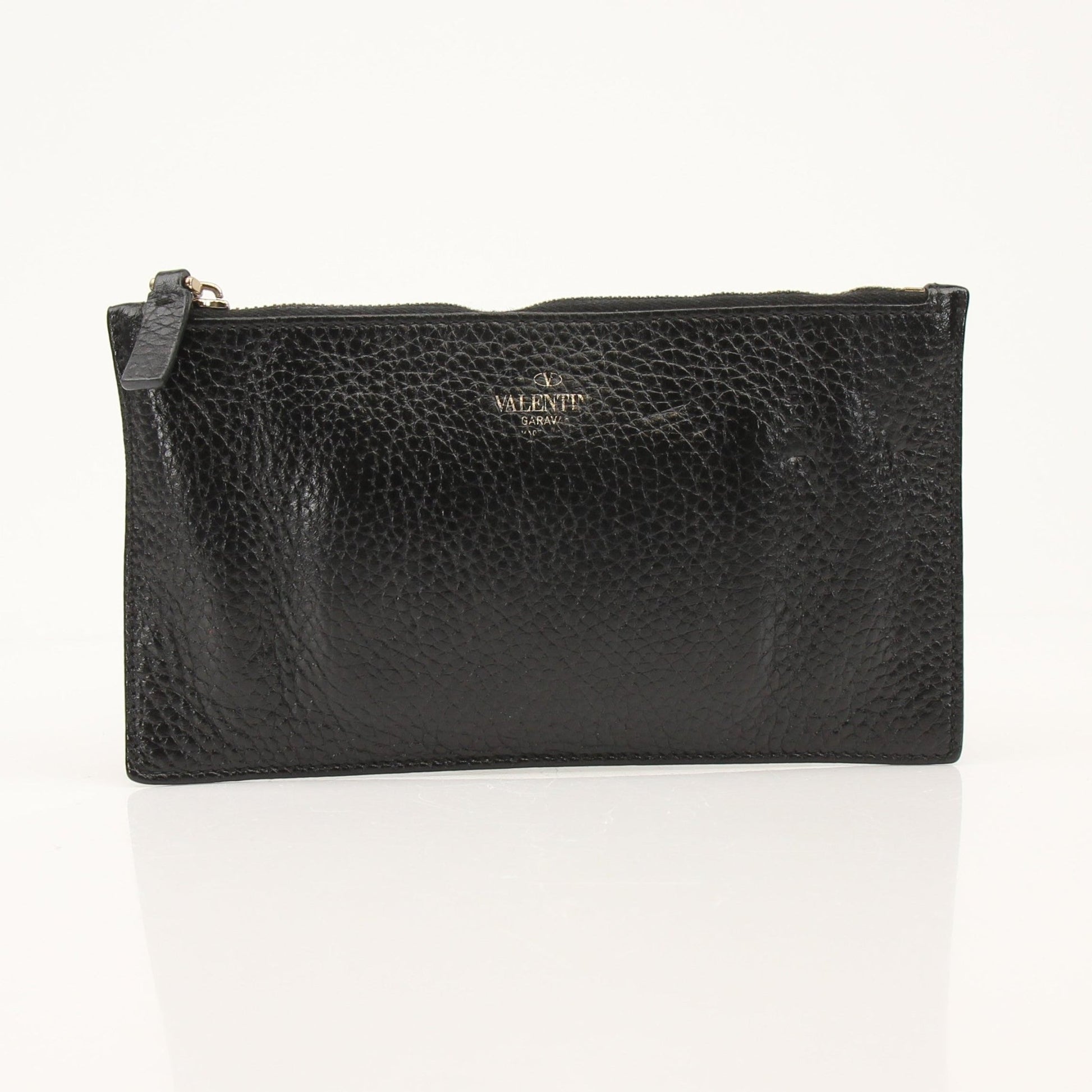 Gold & Beyond Valentino Rockstud Spike Wallet showing black leather with signature studded design and gold-tone hardware.