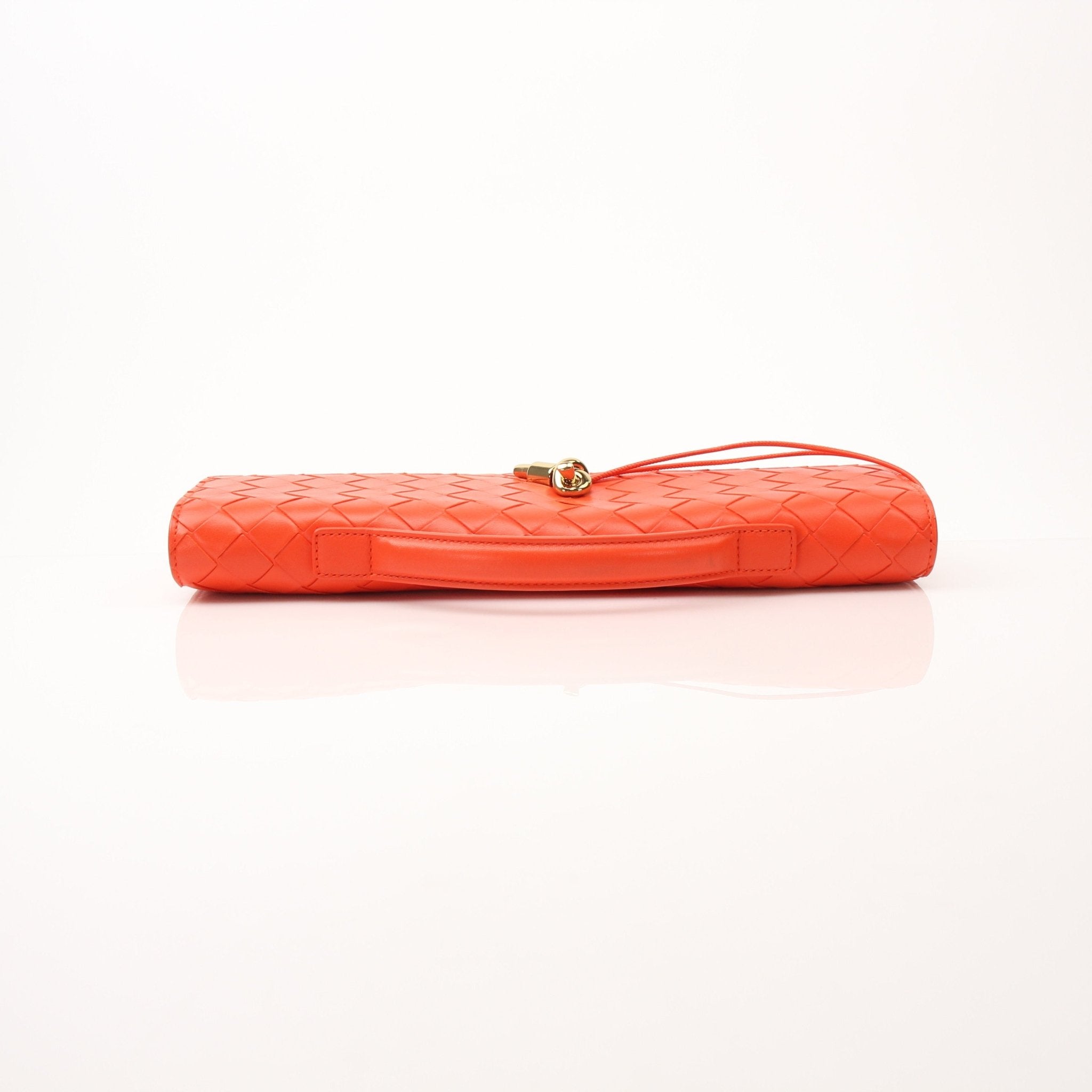 Gold & Beyond Bottega Veneta Andiamo clutch handbag with woven leather design and gold-tone hardware.