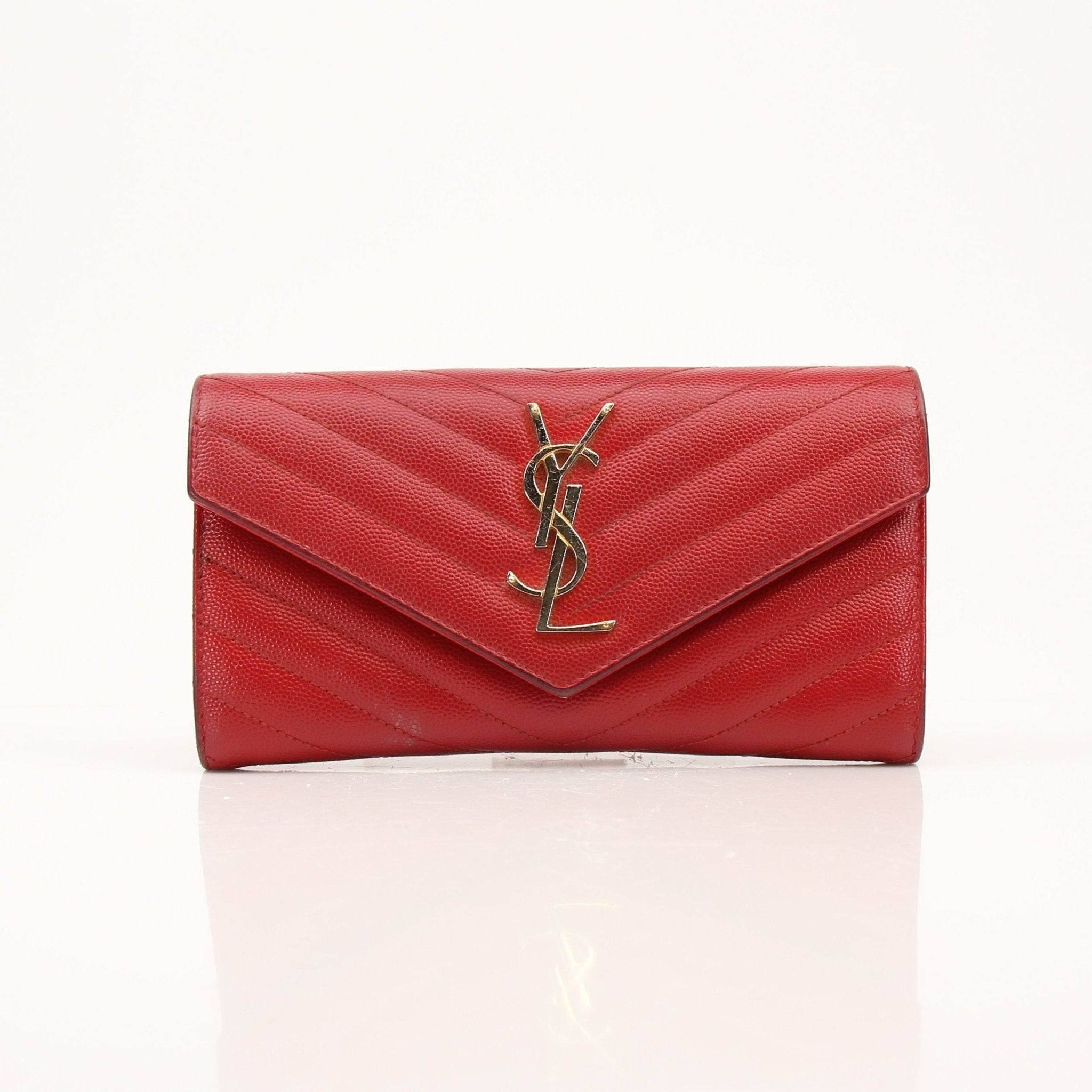 Red Saint Laurent envelope chain wallet with flap, featuring gold hardware and compact design.
