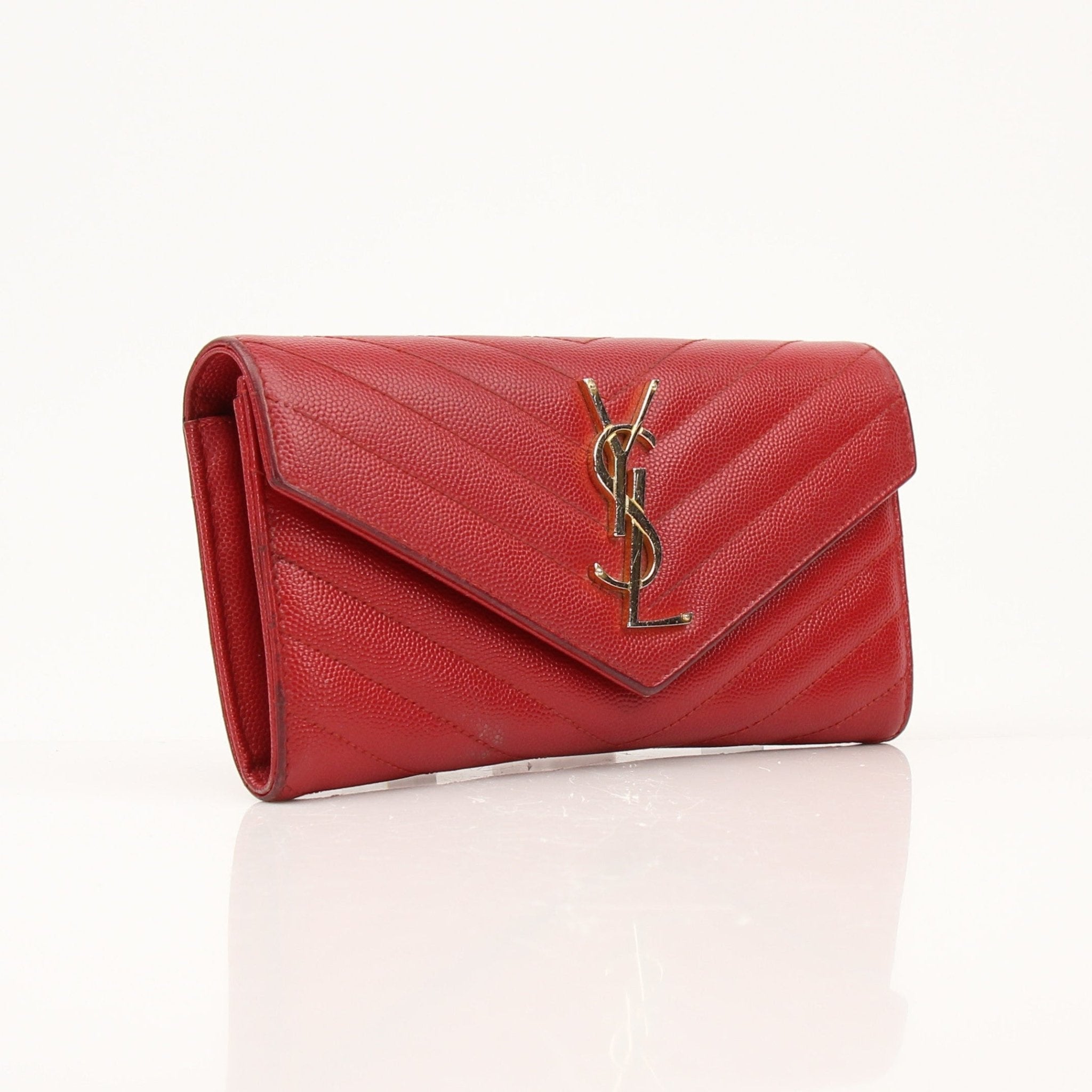 Gold & Beyond Saint Laurent red envelope chain wallet with flap design, featuring a sleek and compact style for everyday use.