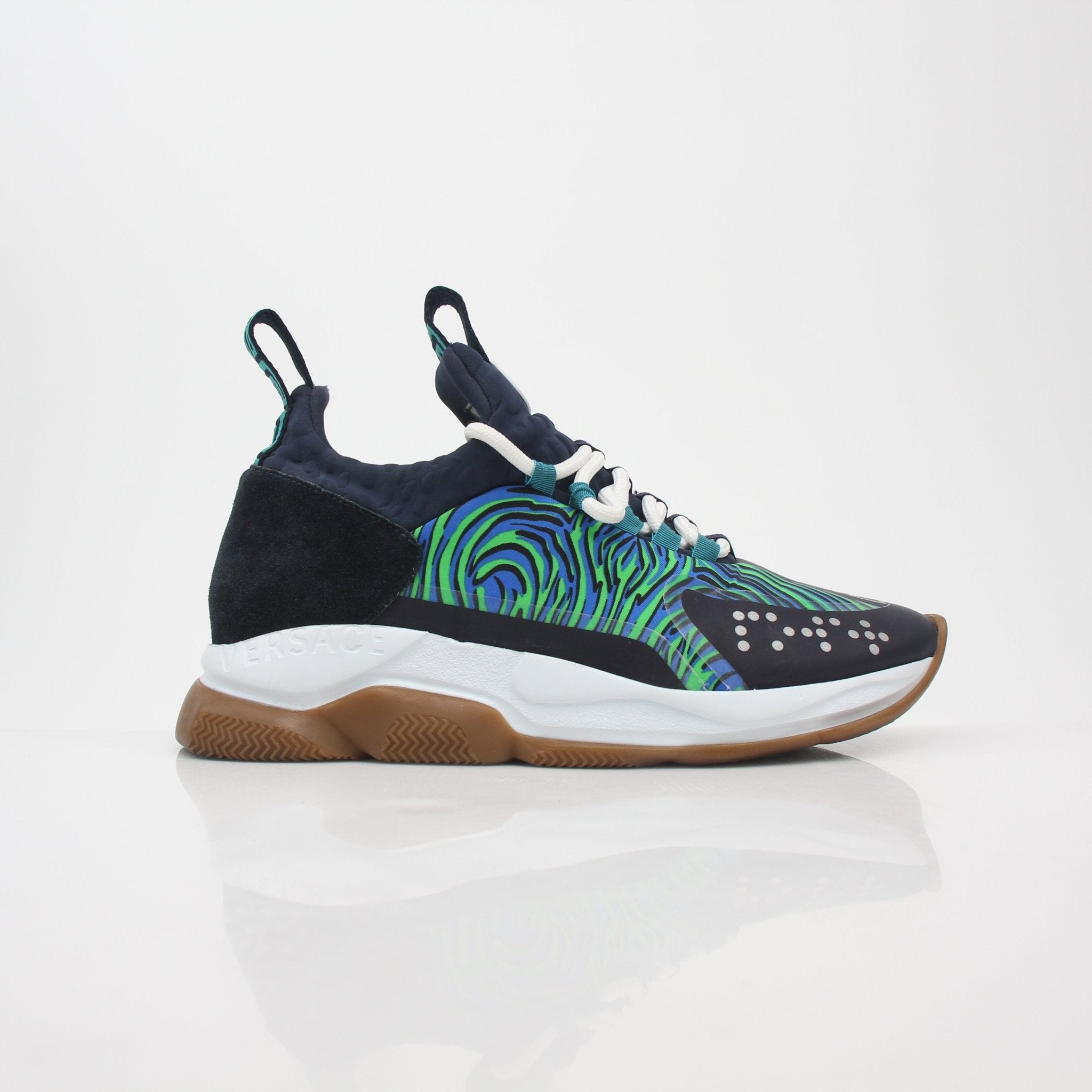 Versace Blue and Green Chain Reaction Sneakers by Gold & Beyond, showcasing vibrant color-blocked shoes with chain pattern details.