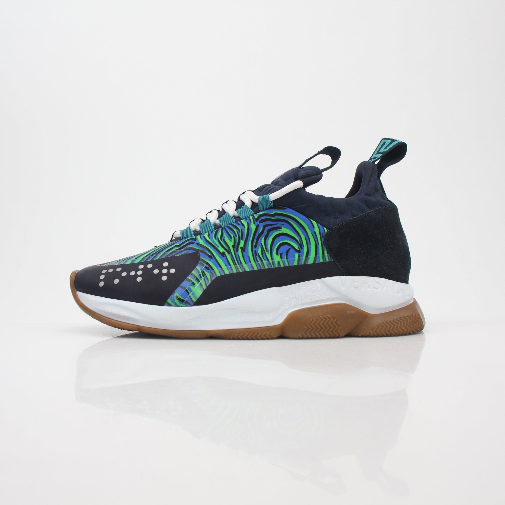 Versace Blue and Green Chain Reaction sneakers with stylish design and vibrant color accents, crafted by Gold & Beyond.