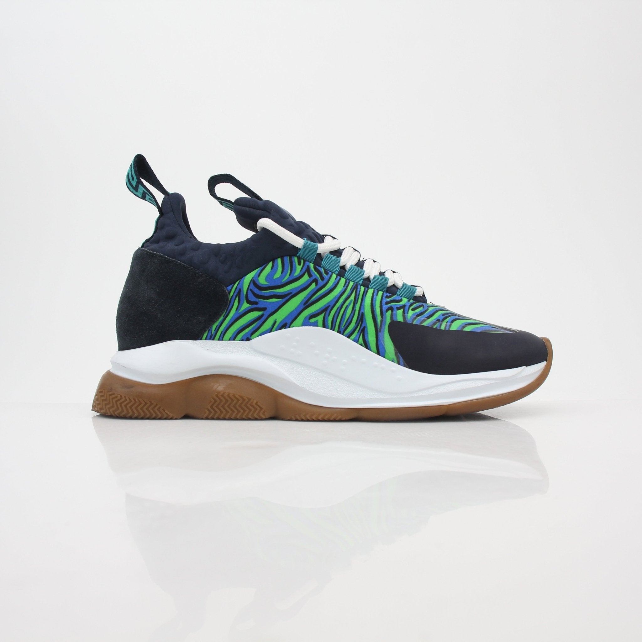 Versace Blue and Green Chain Reaction Sneakers by Gold & Beyond, showing the vibrant color design and stylish athletic shoes.