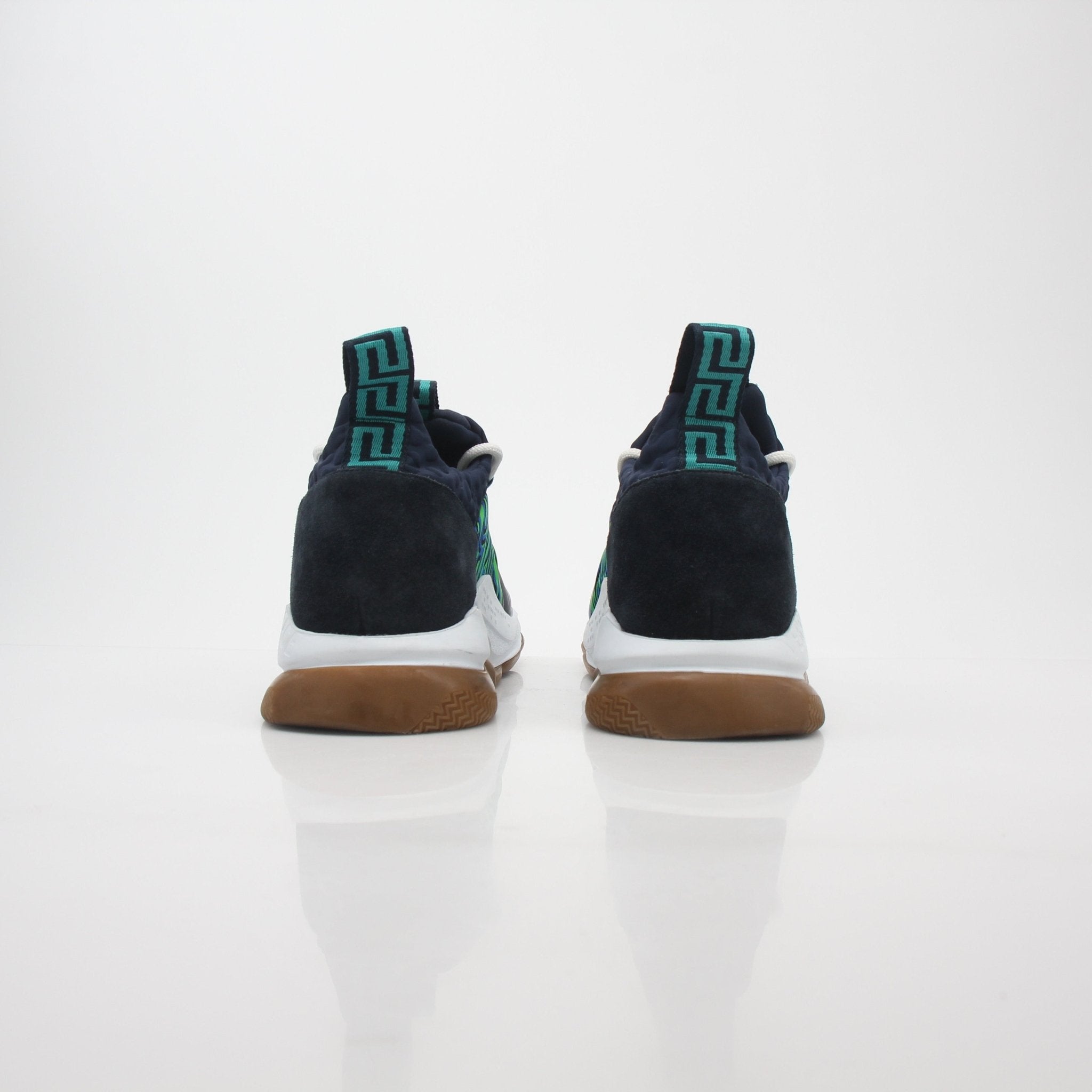 Versace Blue and Green Chain Reaction sneakers by Gold & Beyond, featuring vibrant color blocks and stylish athletic shoe design.