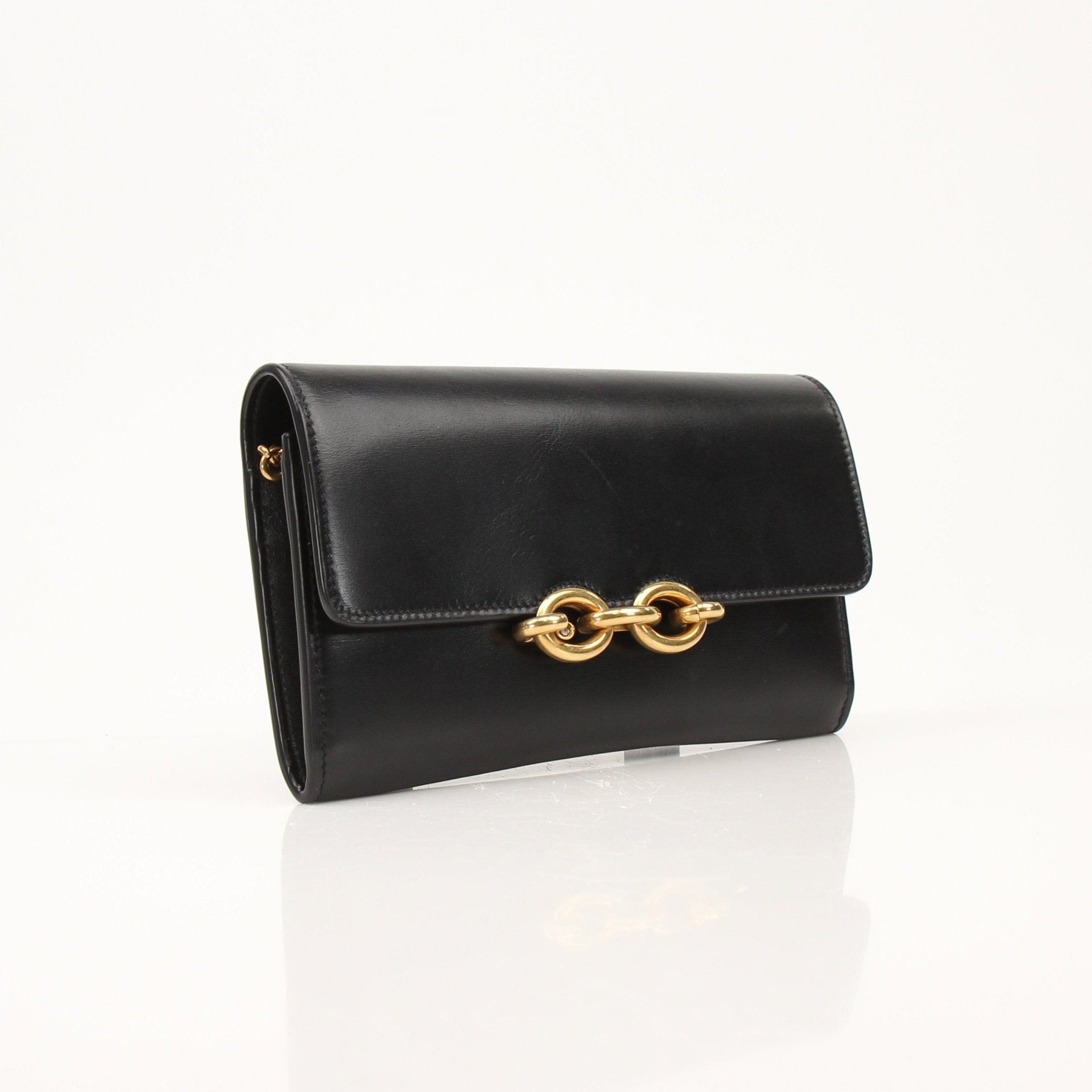 Gold & Beyond Saint Laurent Wallet on Chain, elegant black leather wallet with chain strap and gold-tone hardware.