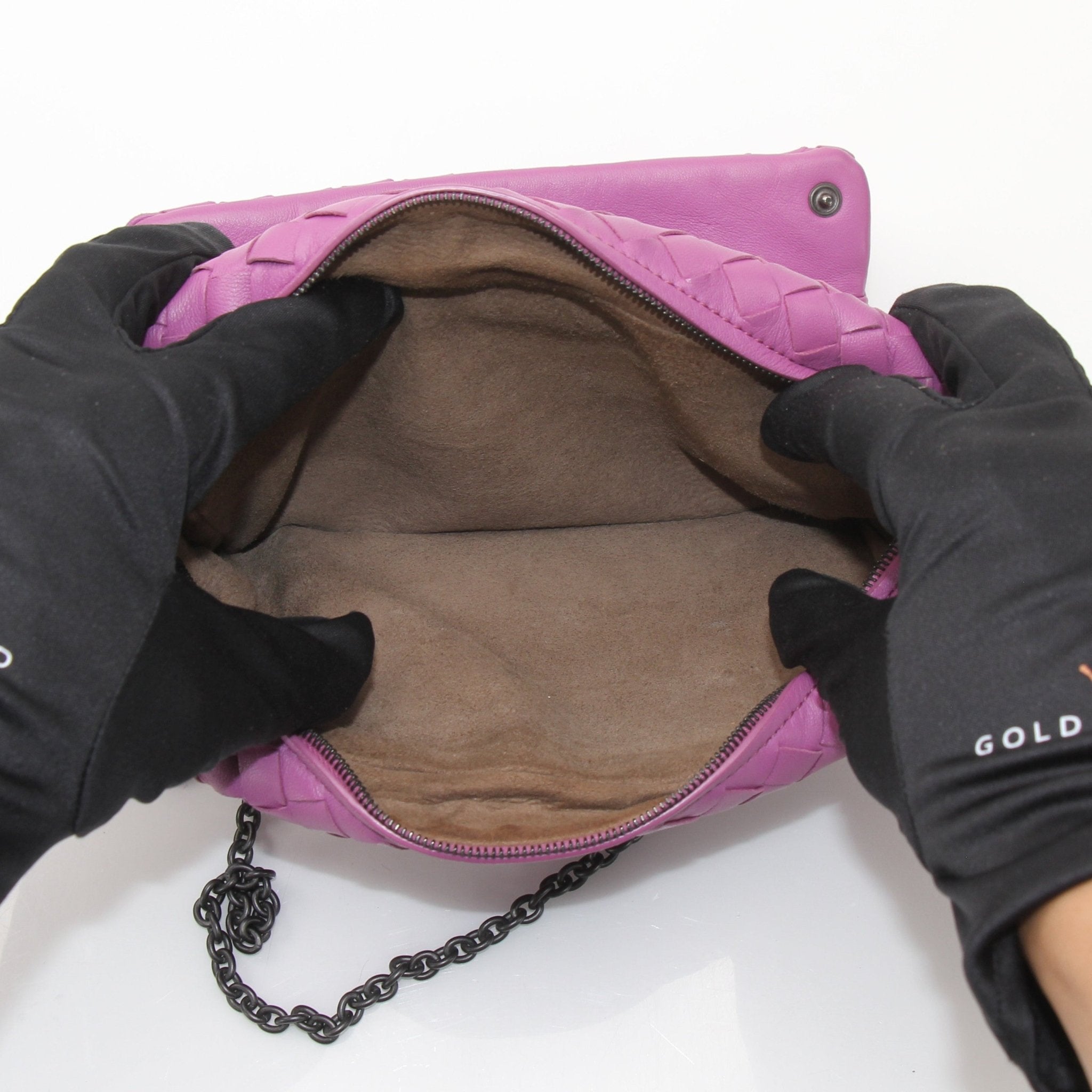 Gold & Beyond Bottega Veneta expandable chain flap handbag with signature woven leather and gold-tone chain strap.