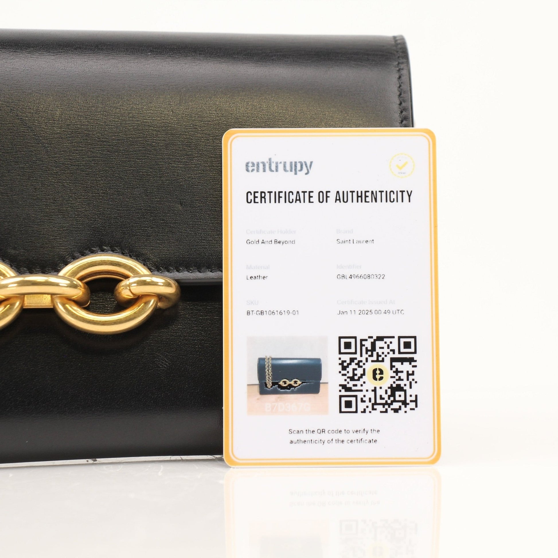 Gold & Beyond Saint Laurent wallet on chain, stylish leather wallet with chain strap, compact and elegant accessory.