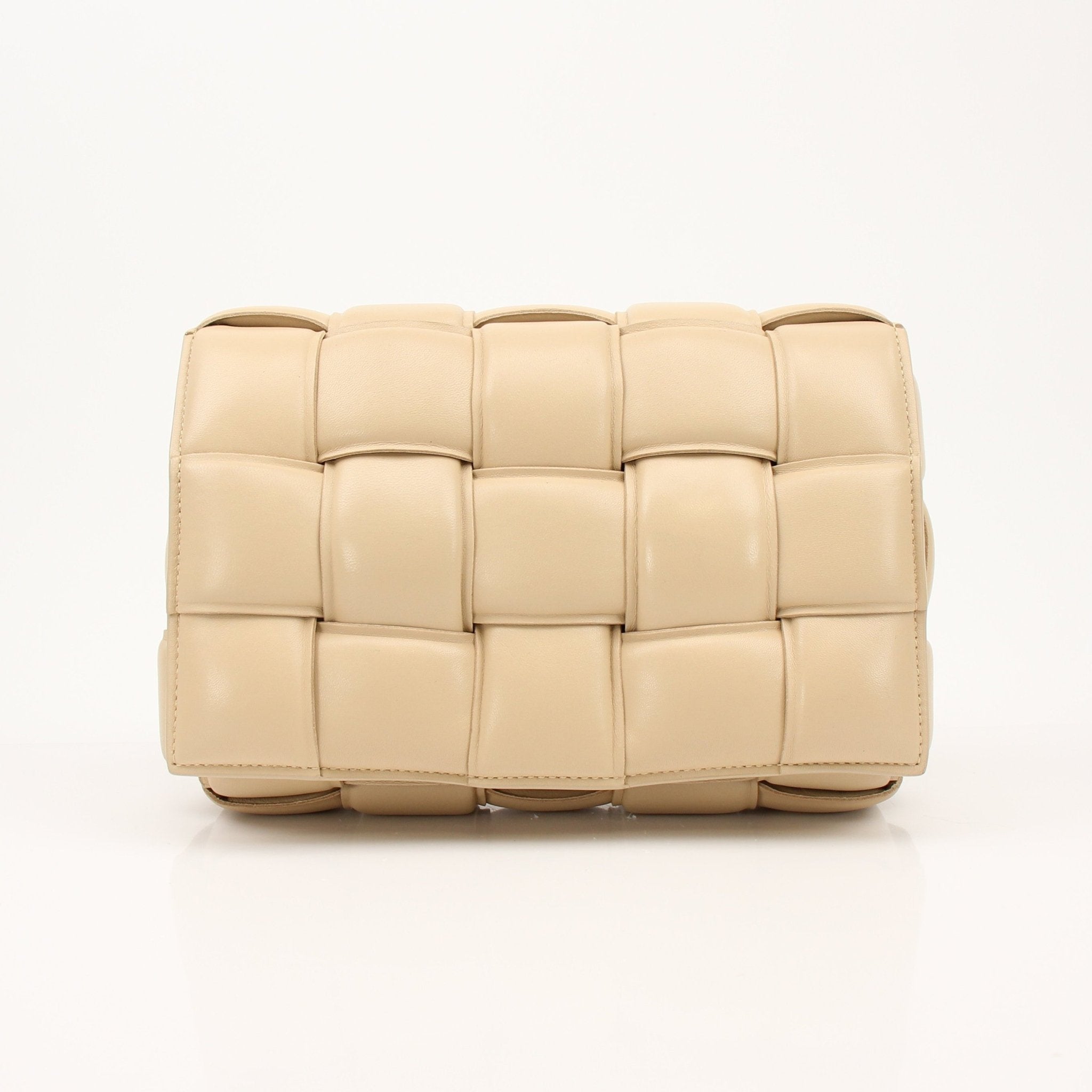 Gold & Beyond Bottega Veneta Padded Cassette Bag handbag with quilted leather design and gold-tone hardware.