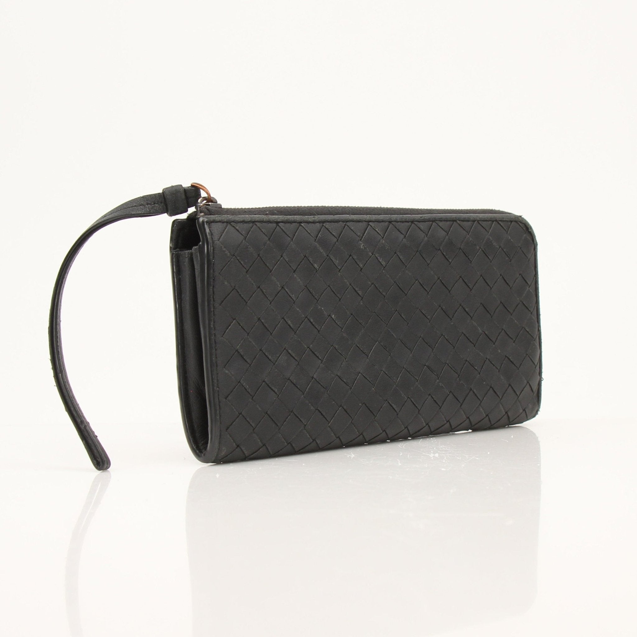 Bottega Veneta Nero Intrecciato leather wallet with woven design, shown in black leather with gold-tone accents.