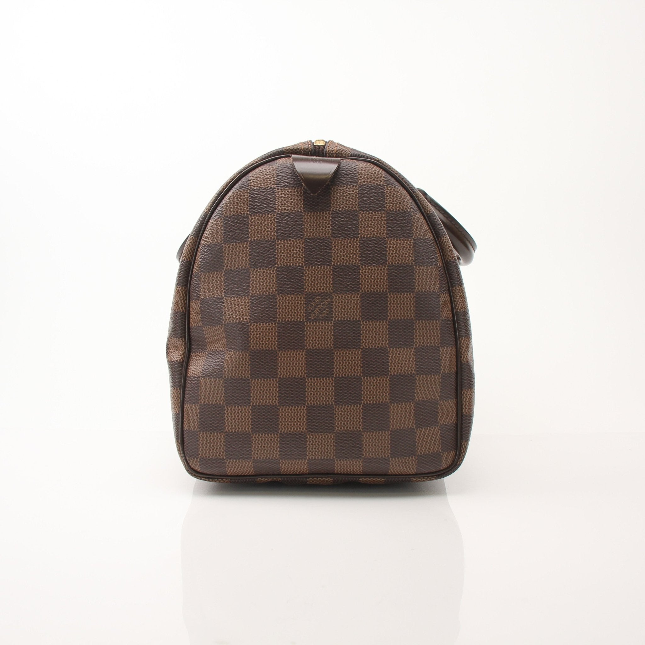 Louis Vuitton Speedy 30 handbag in classic monogram canvas with leather trim, displayed on a neutral background.