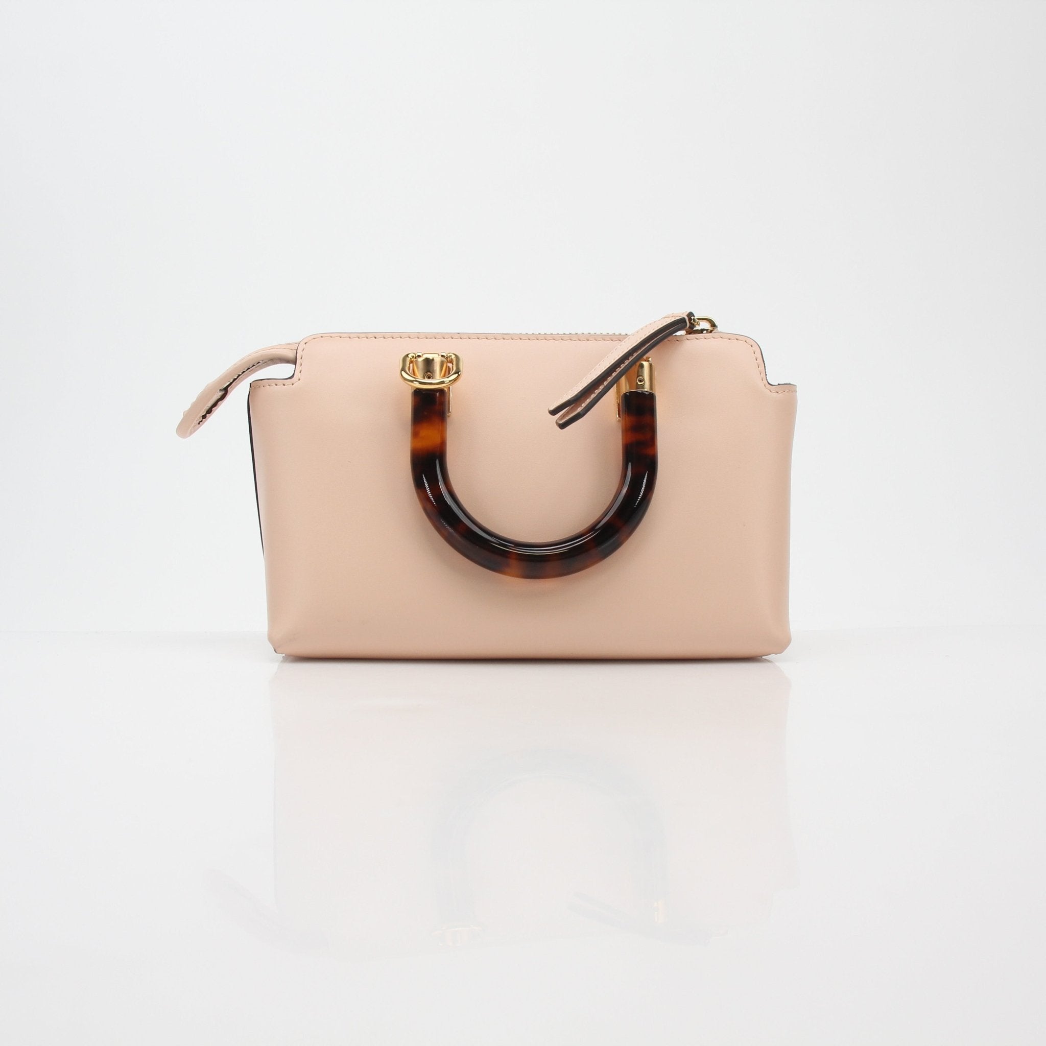 Fendi Light Rose By The Way Mini Boston Bag with gold hardware, featuring smooth leather and compact design.
