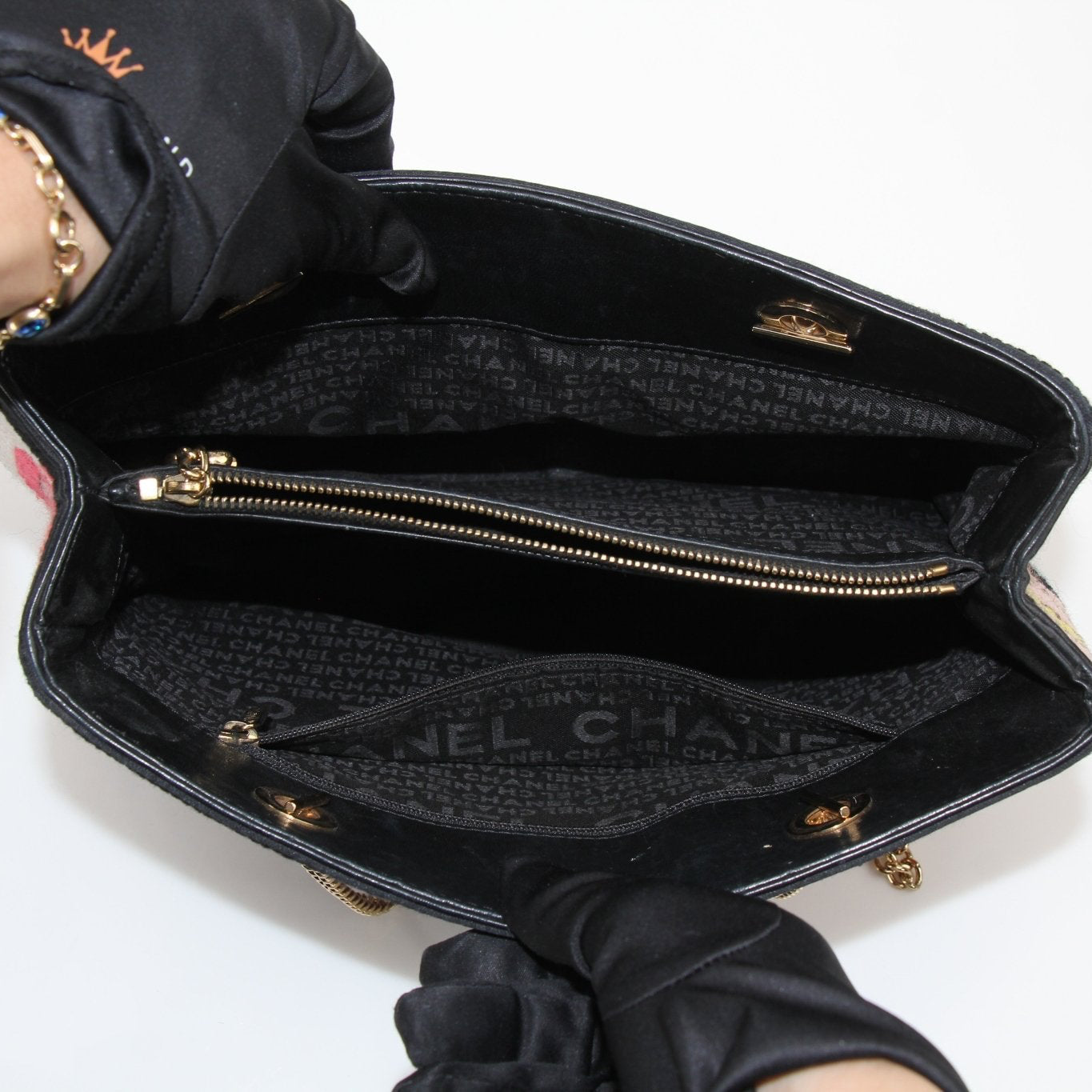 Gold & Beyond Chanel Precious Symbols multicolor embroidery tote bag, stylish handbag with intricate embroidery design.
