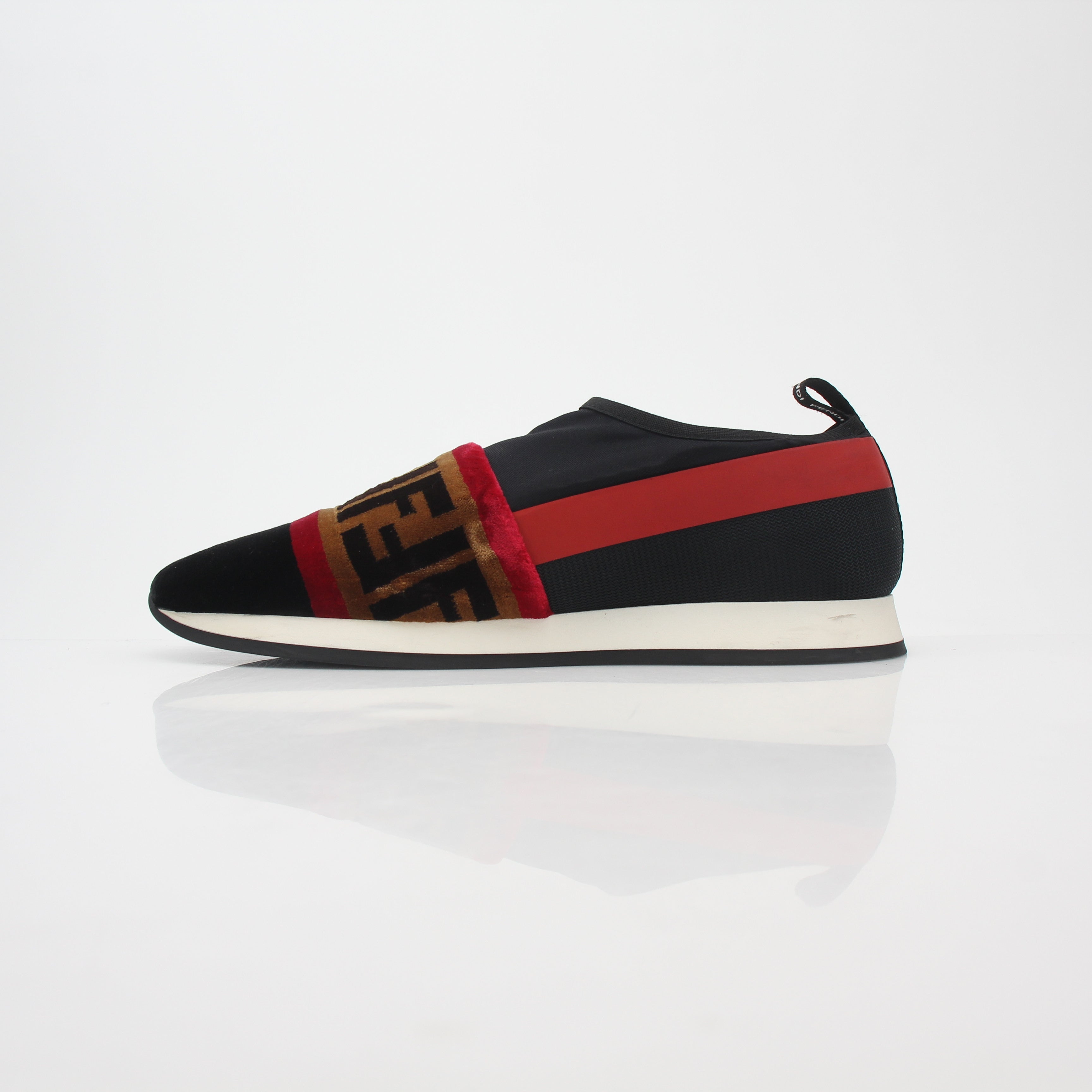 Fendi Black and Red Zucca FF Logo Slip-On Sneakers
