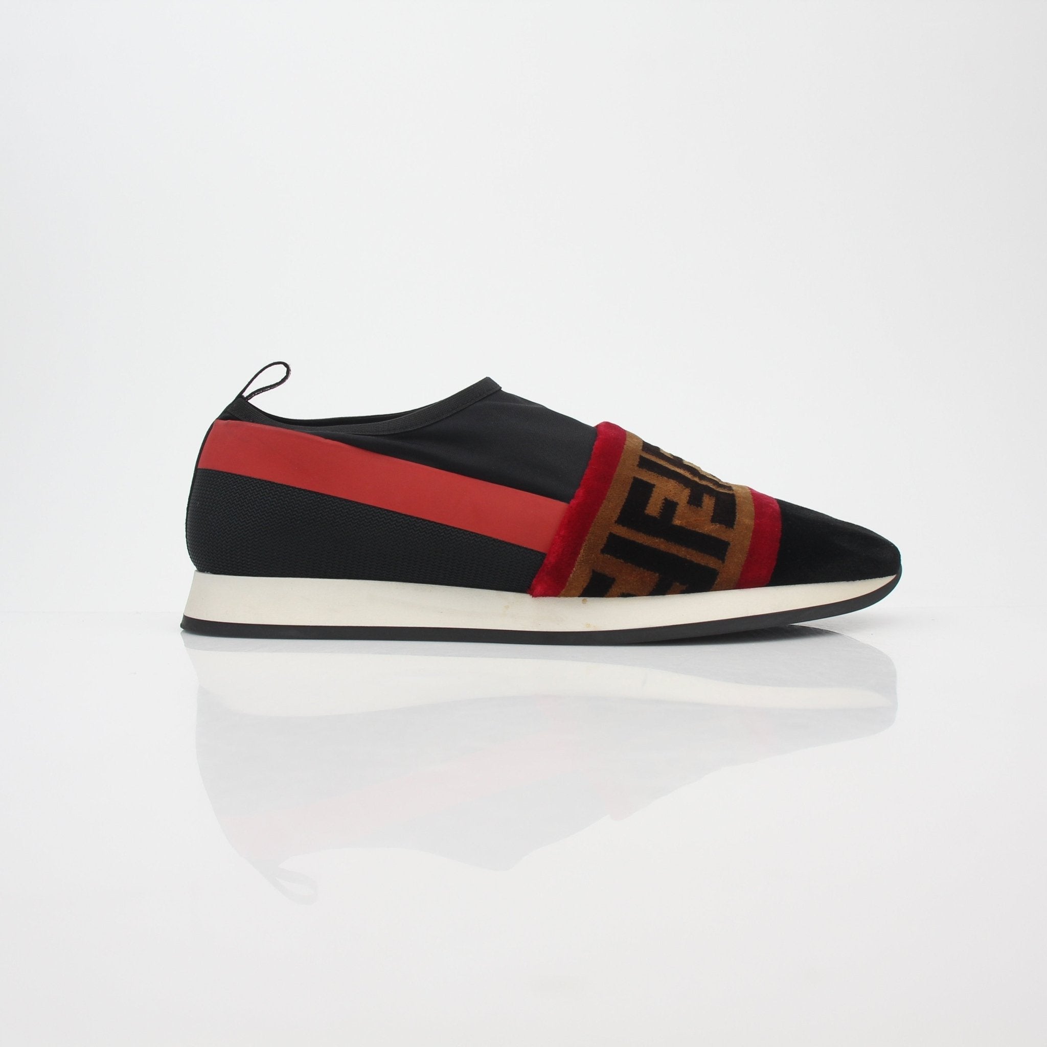 Black and red Fendi Zucca FF logo slip-on sneakers with stylish design, perfect for casual wear.