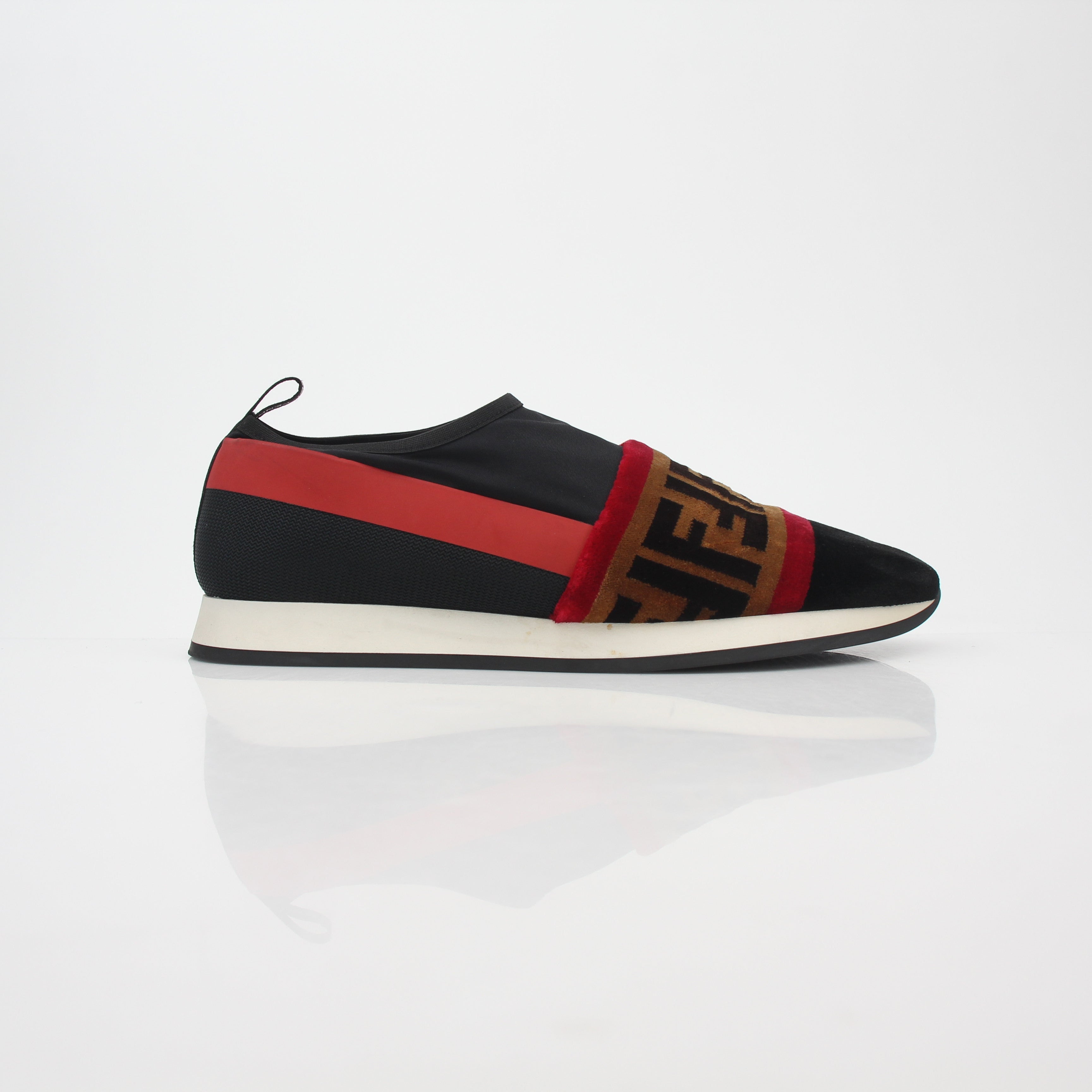 Fendi Black and Red Zucca FF Logo Slip-On Sneakers